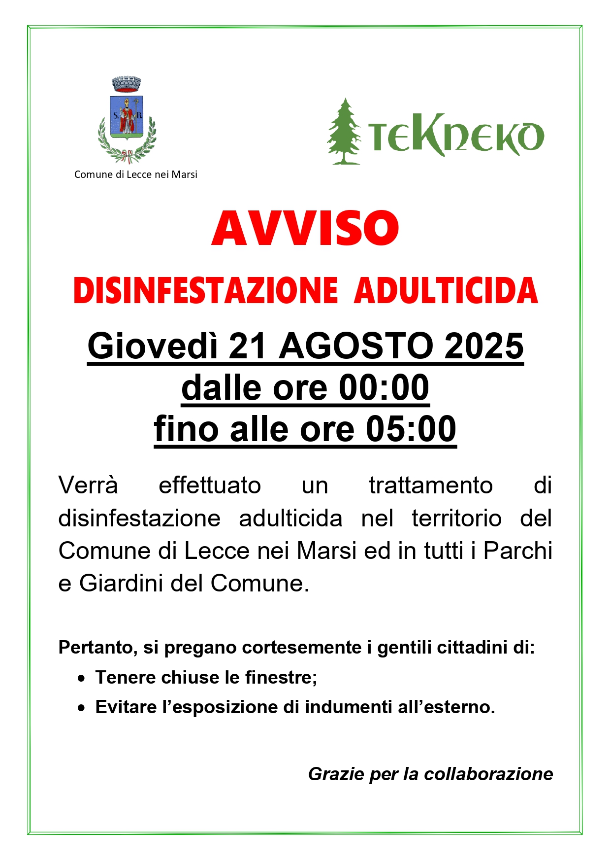 Disinfestazione Lecce nei Marsi 21 agosto 2025