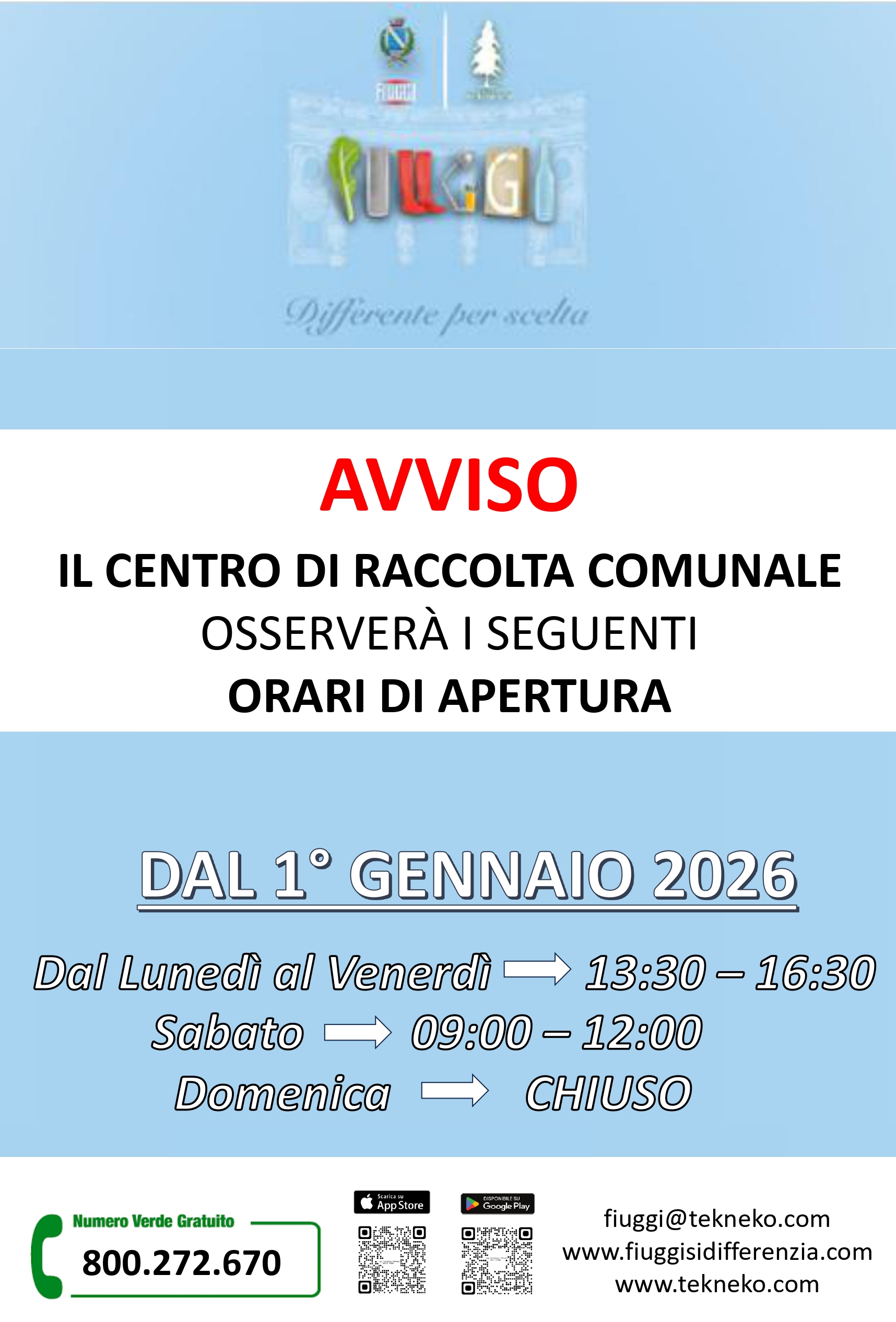 avviso nuovi orari apertura Centro di Raccolta comunale di Fiuggi