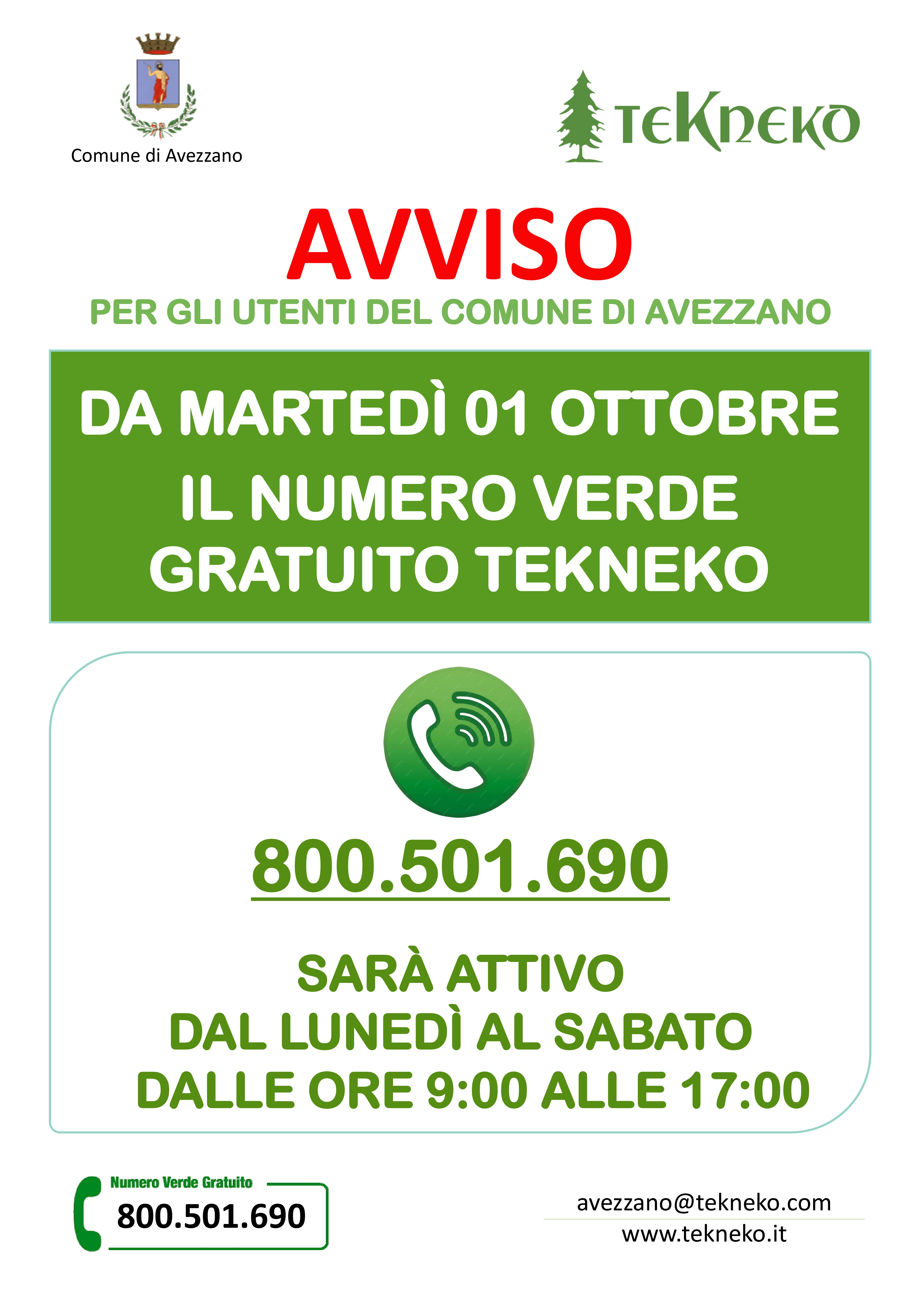 Nuovi orari numero verde utenti di Avezzano