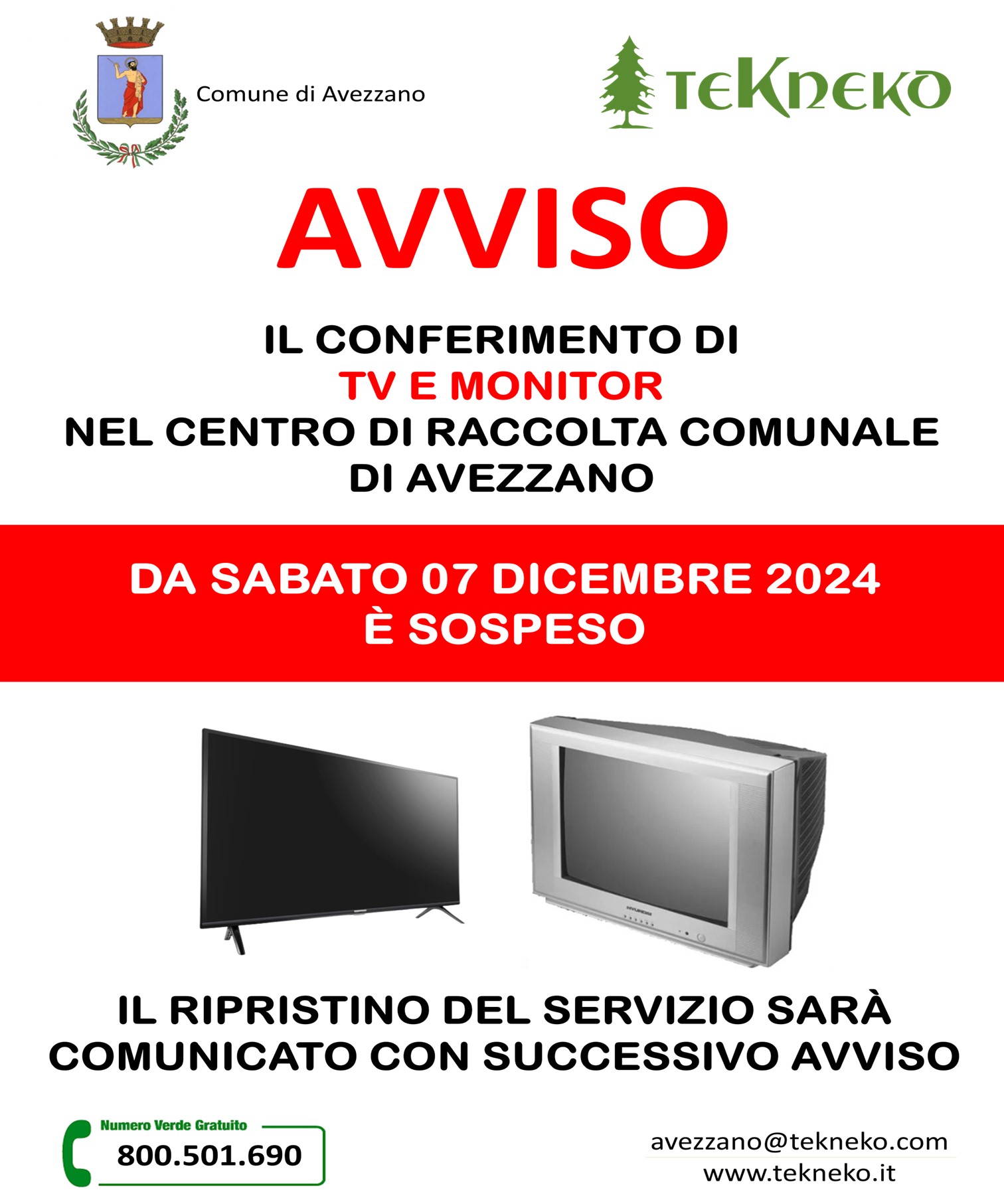 Avviso sospensione conferimento TV E MONITOR presso il CDR di Avezzano