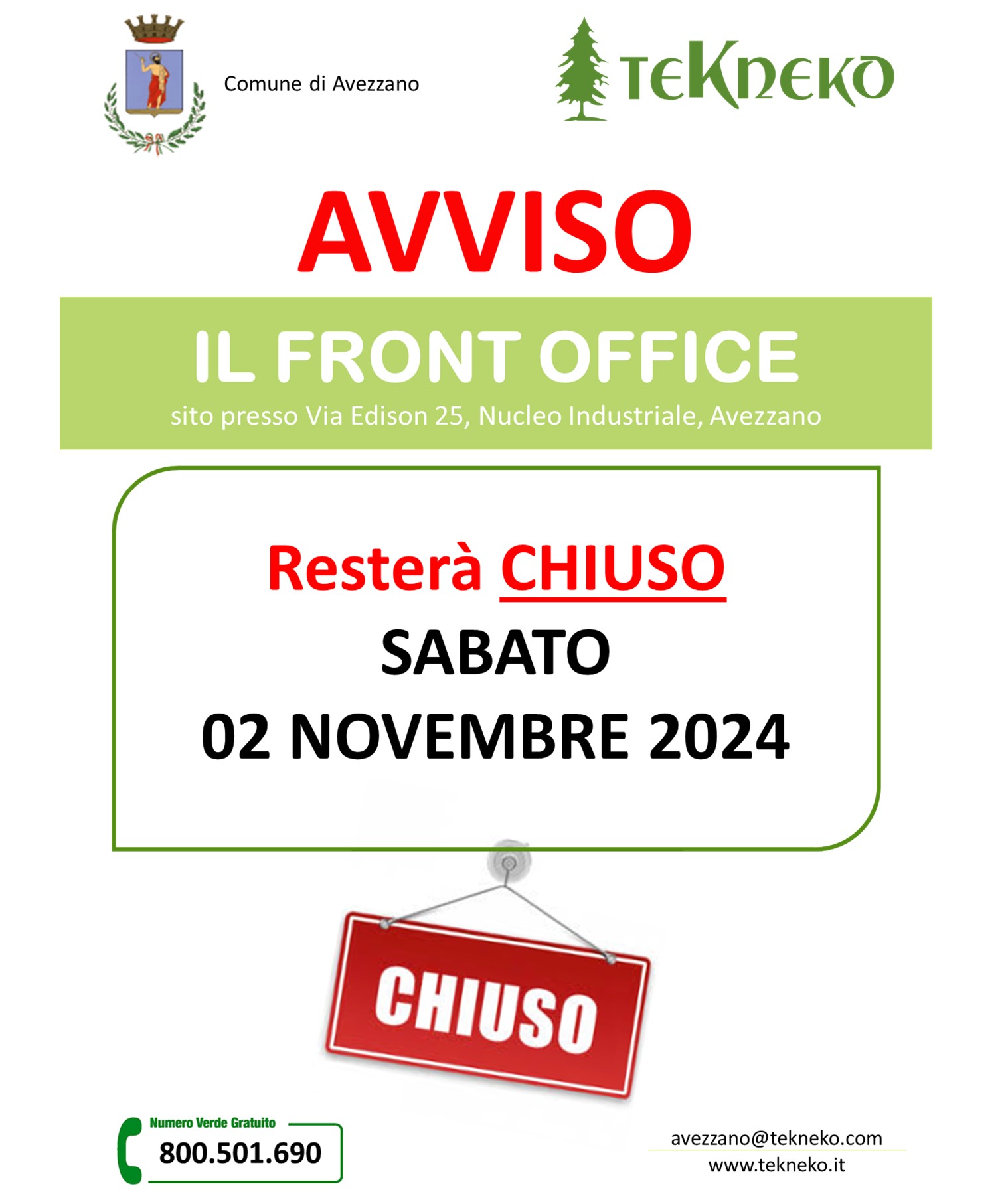 Chiusura Front Office Avezzano