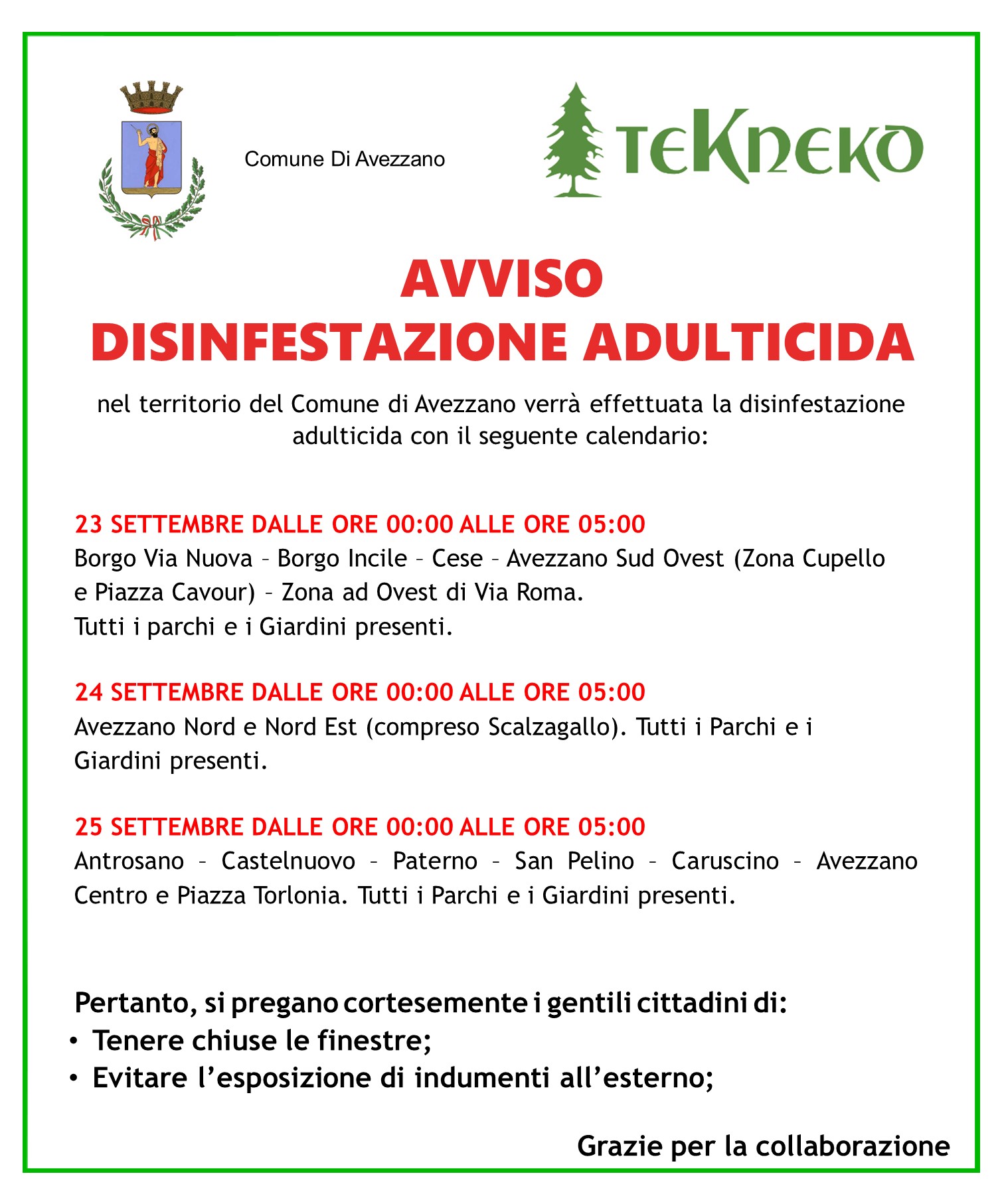 disinfestazione Comune di Avezzano 23-24-25 settembre