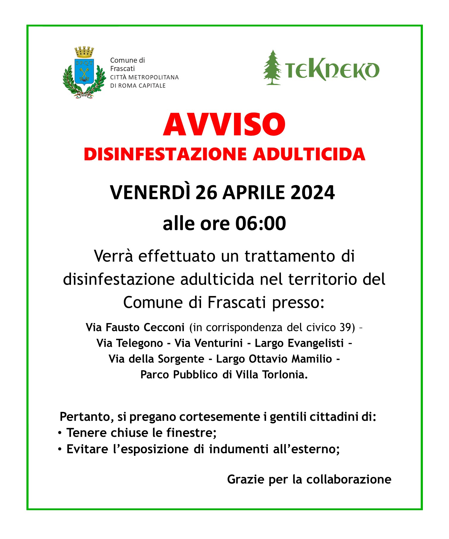 Disinfestazione adulticida 26 Aprile 2024