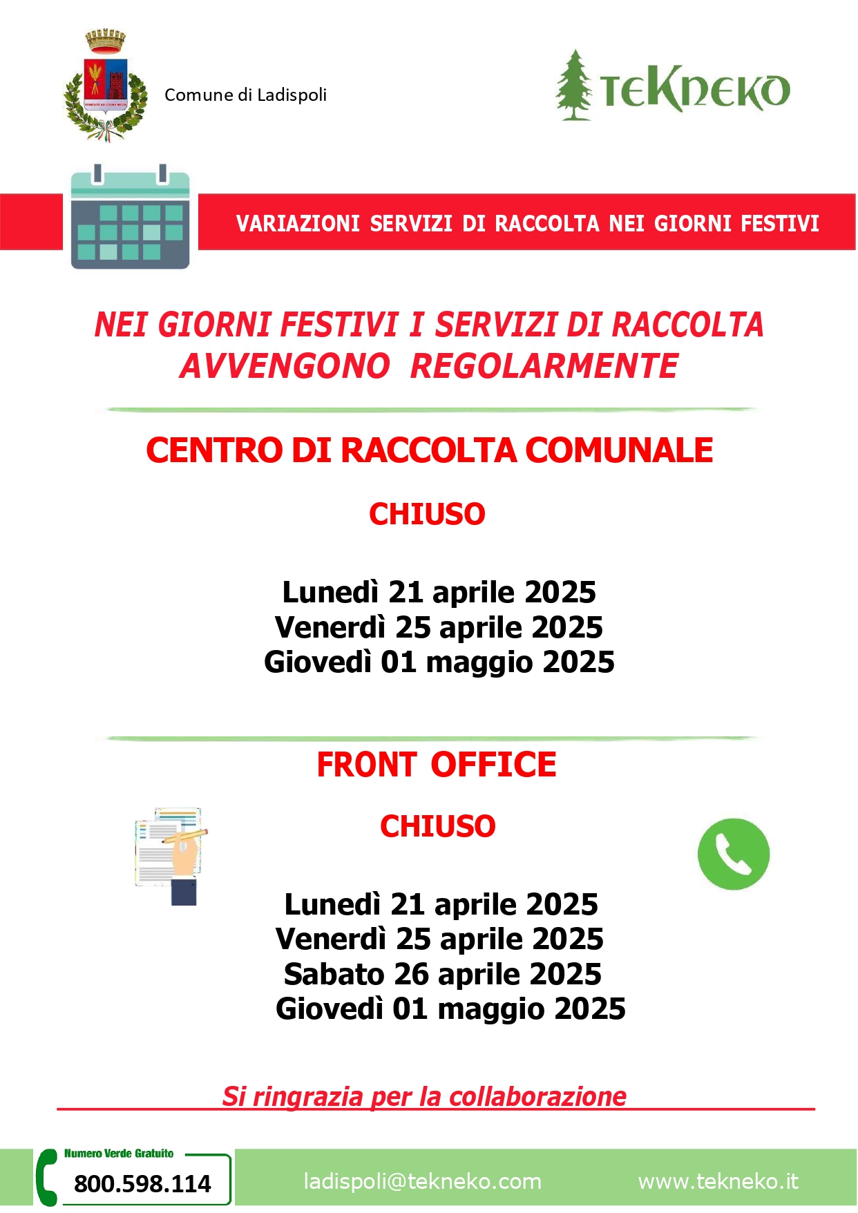 Servizi festività - Aprile e Maggio 2025
