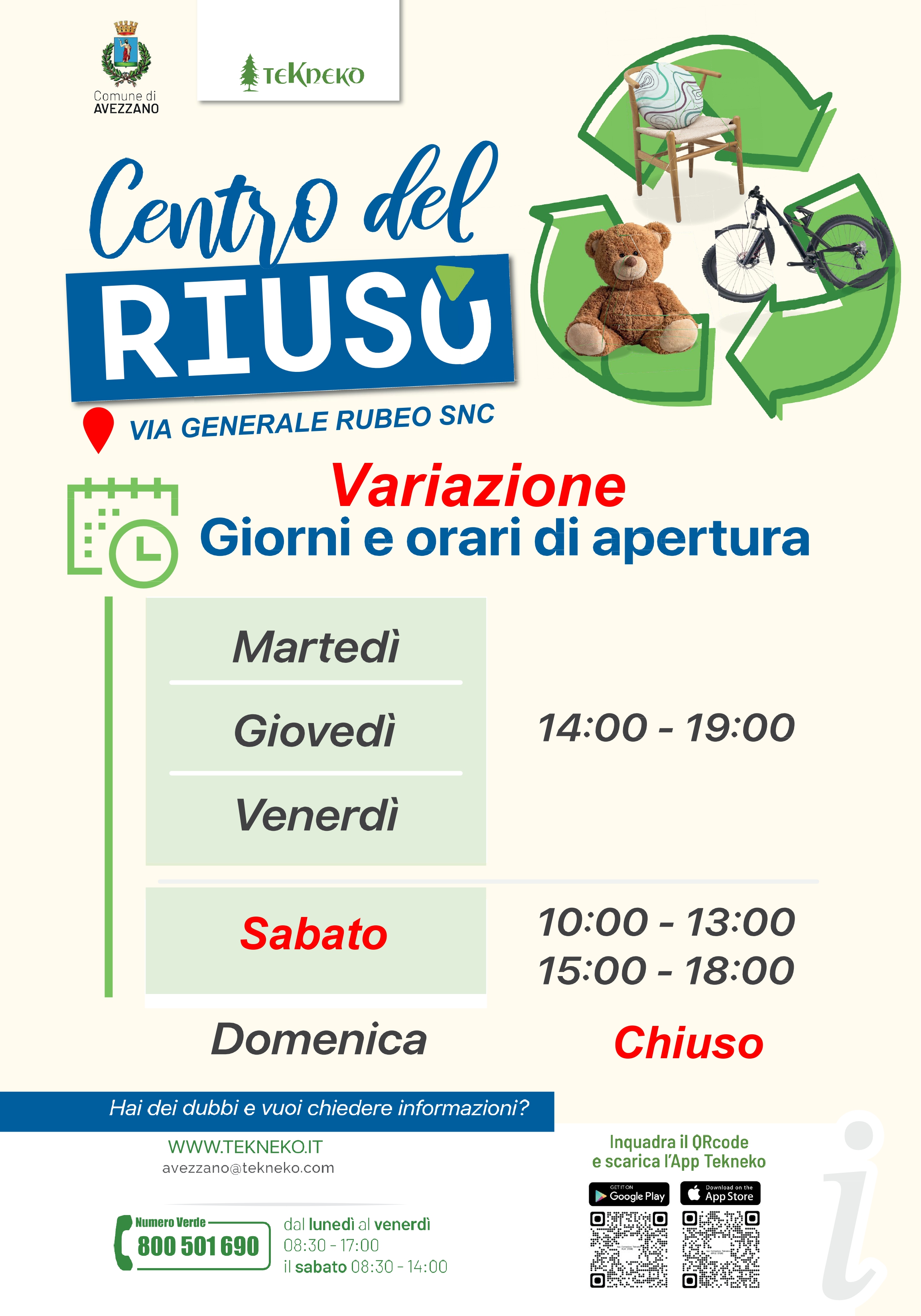 Variazione apertura Centro Riuso Avezzano