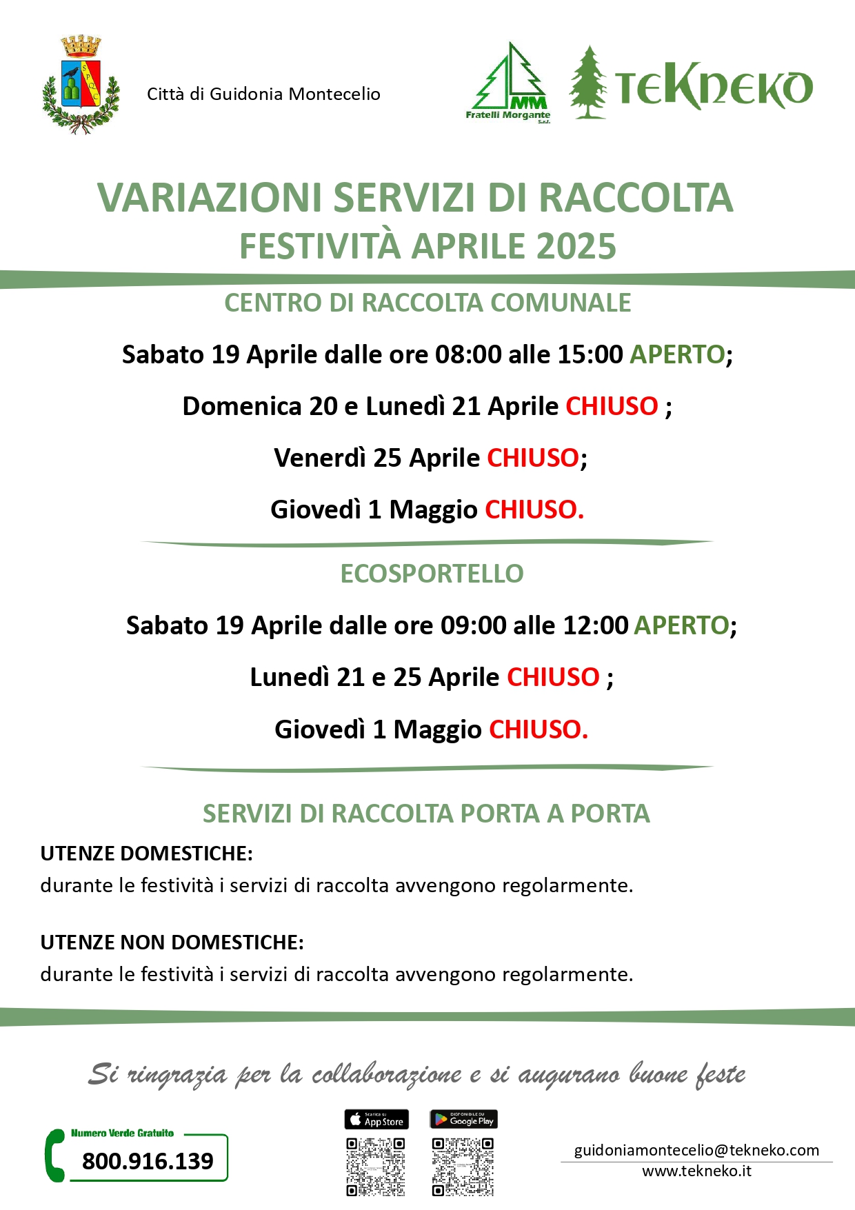Servizi festività - Aprile e Maggio 2025