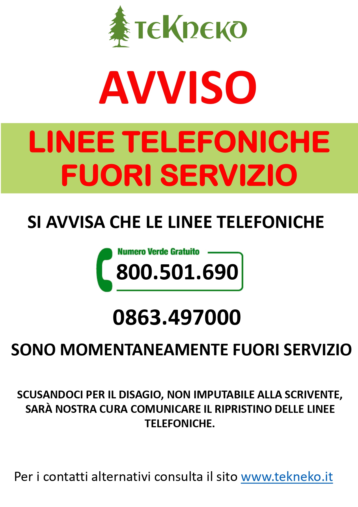 Avviso guasto linea telefonica numero verde 800.501.690