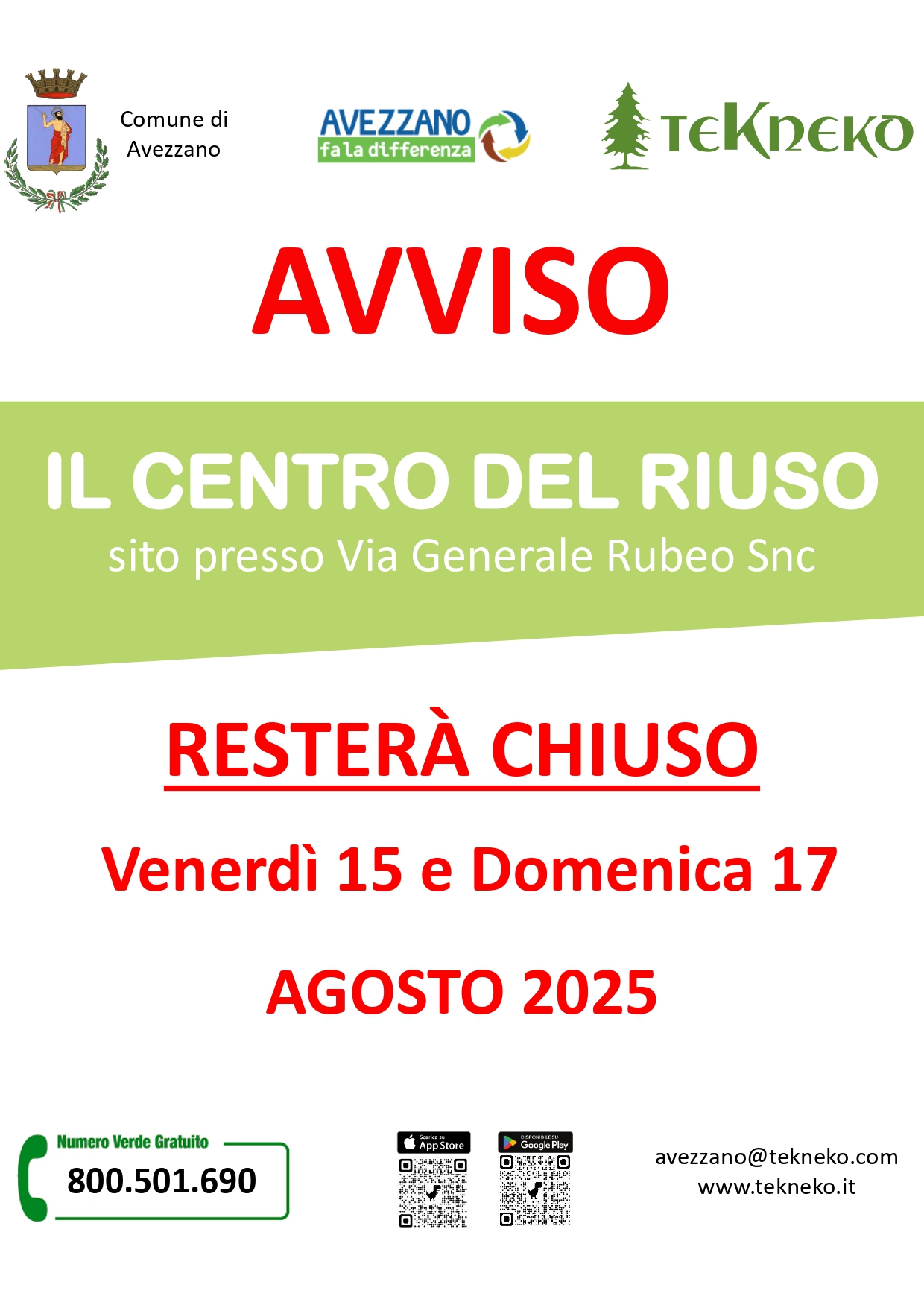 Chiusura Centro del Riuso dal 15 al 17 agosto 2025