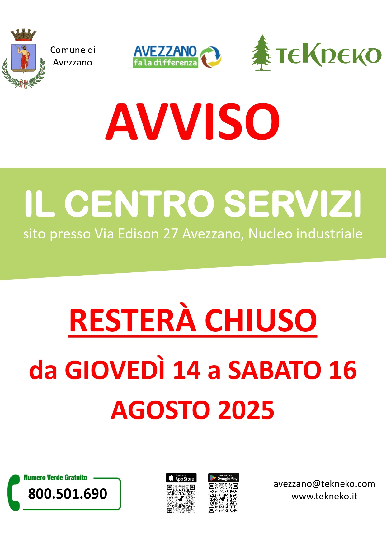 Chiusura Centro Servizi Tekneko Avezzano