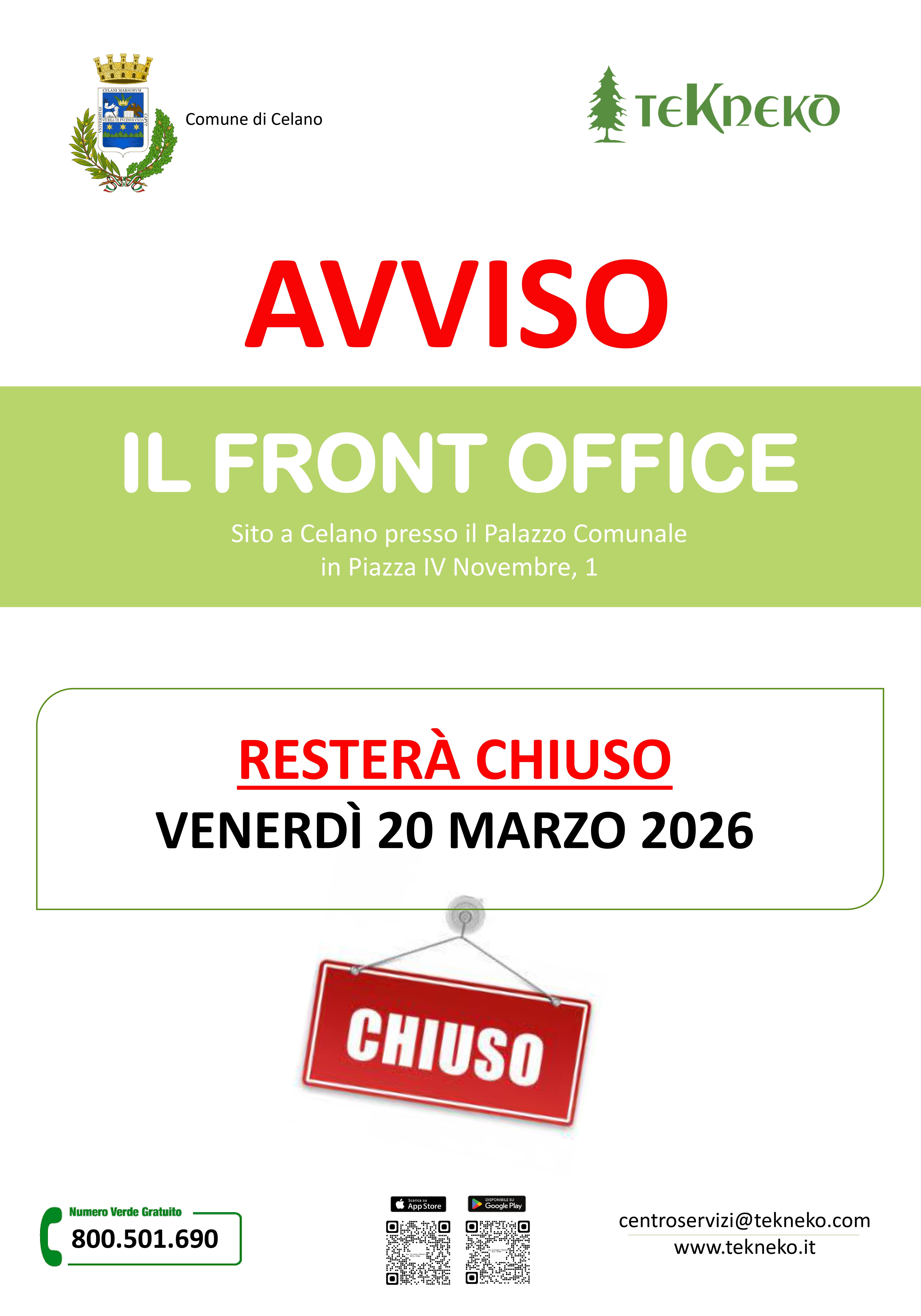 Chiusura front office Celano venerdì 20 marzo 2026