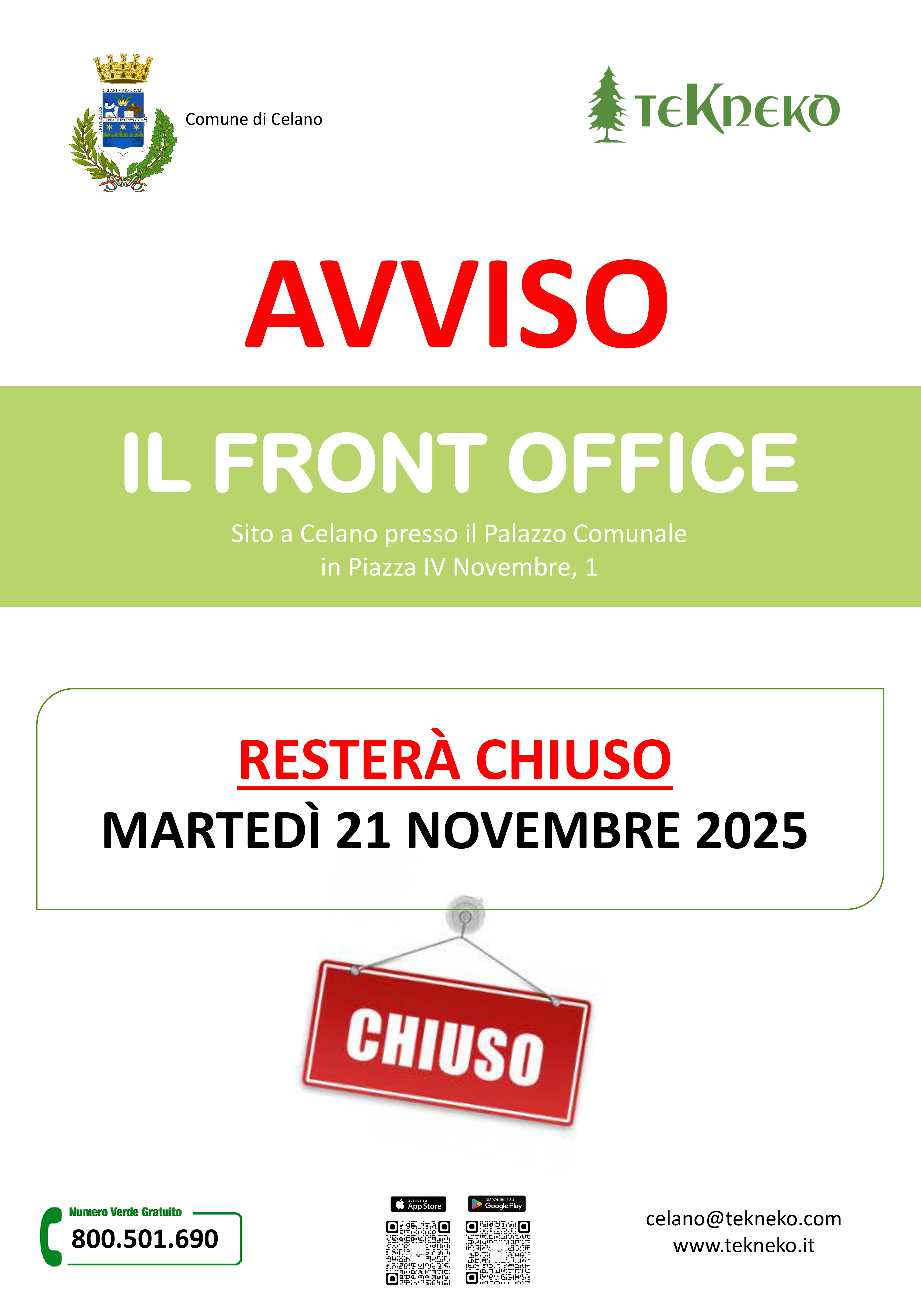 Chiusura front office Tekneko martedi 21 novembre 2025