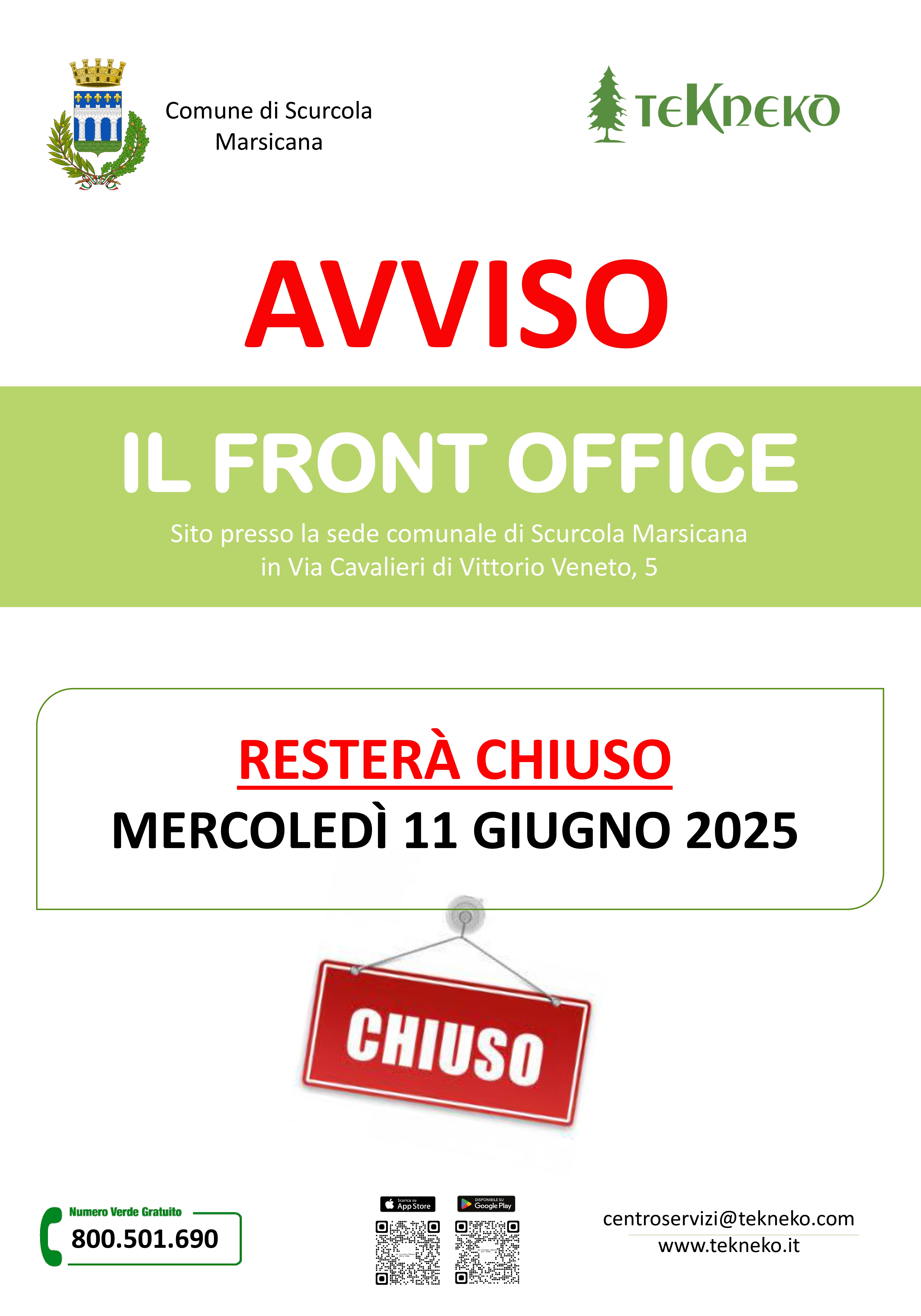 chiusura front office 11 giugno 2025 Scurcola Marsicana