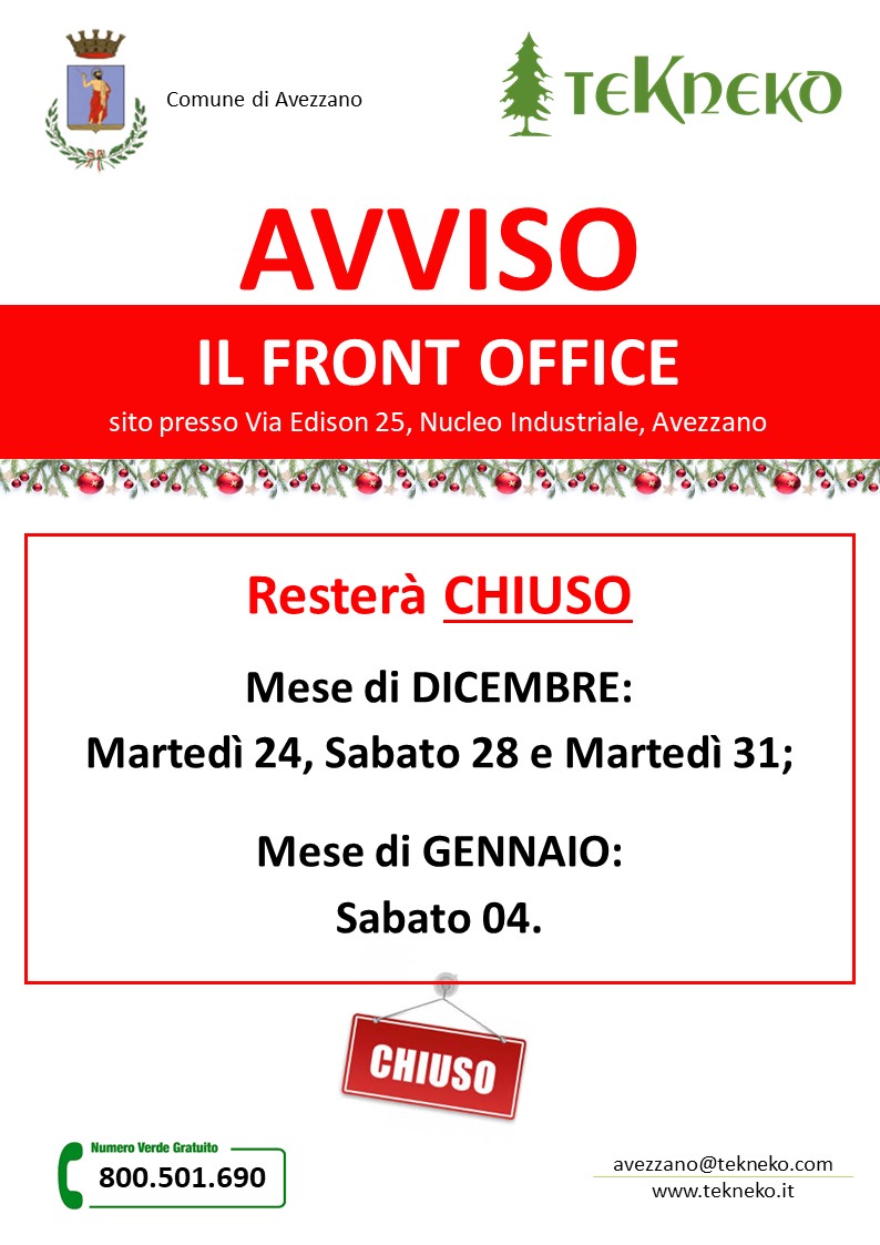 Chiusura Front Office festività natalizie