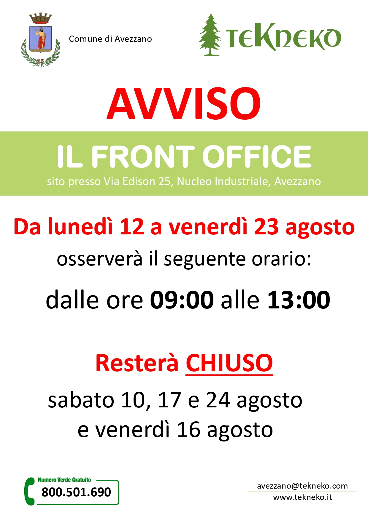 Variazioni Orari Front Office