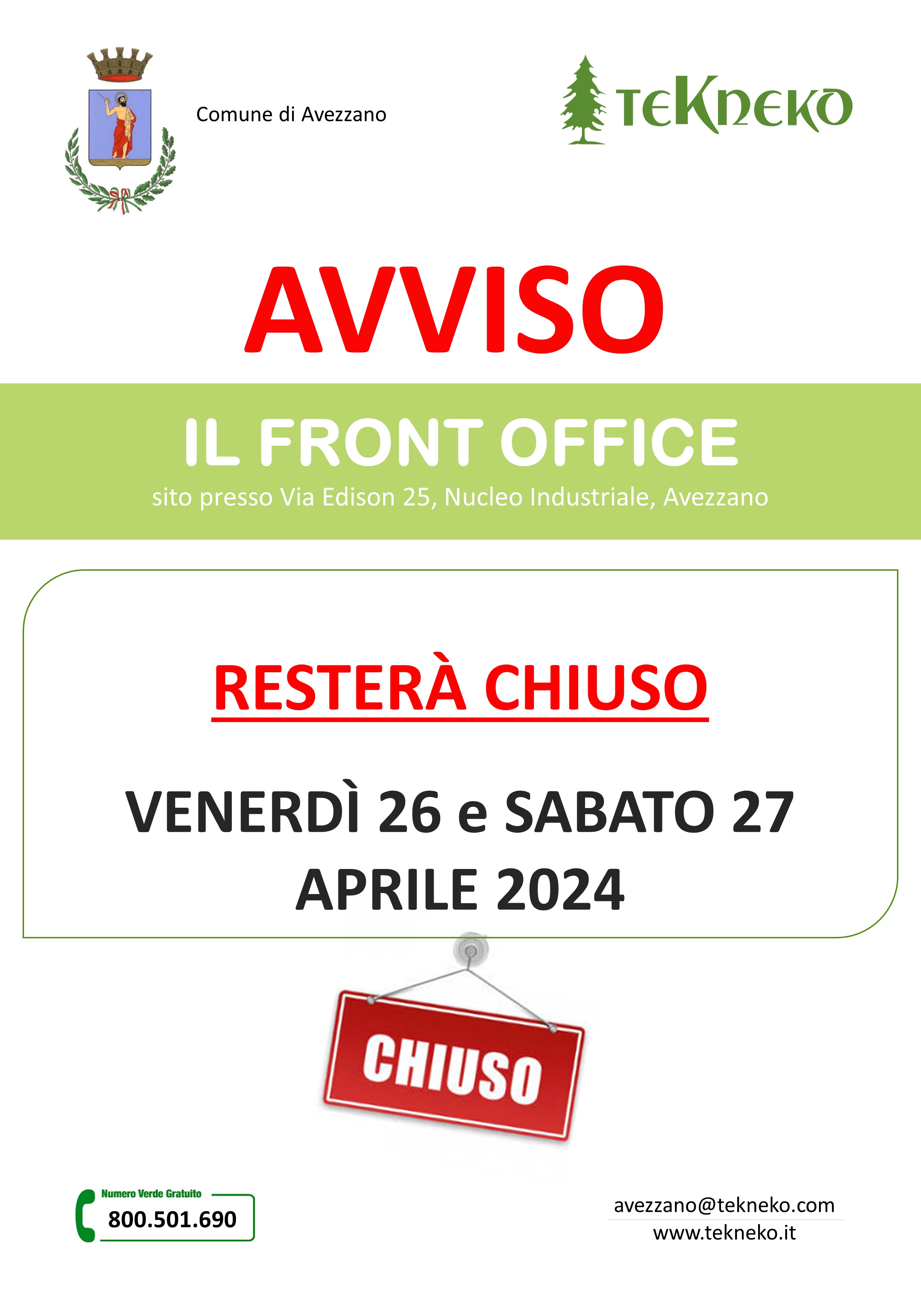 Chiusura Front office Avezzano 26 e 27 Aprile