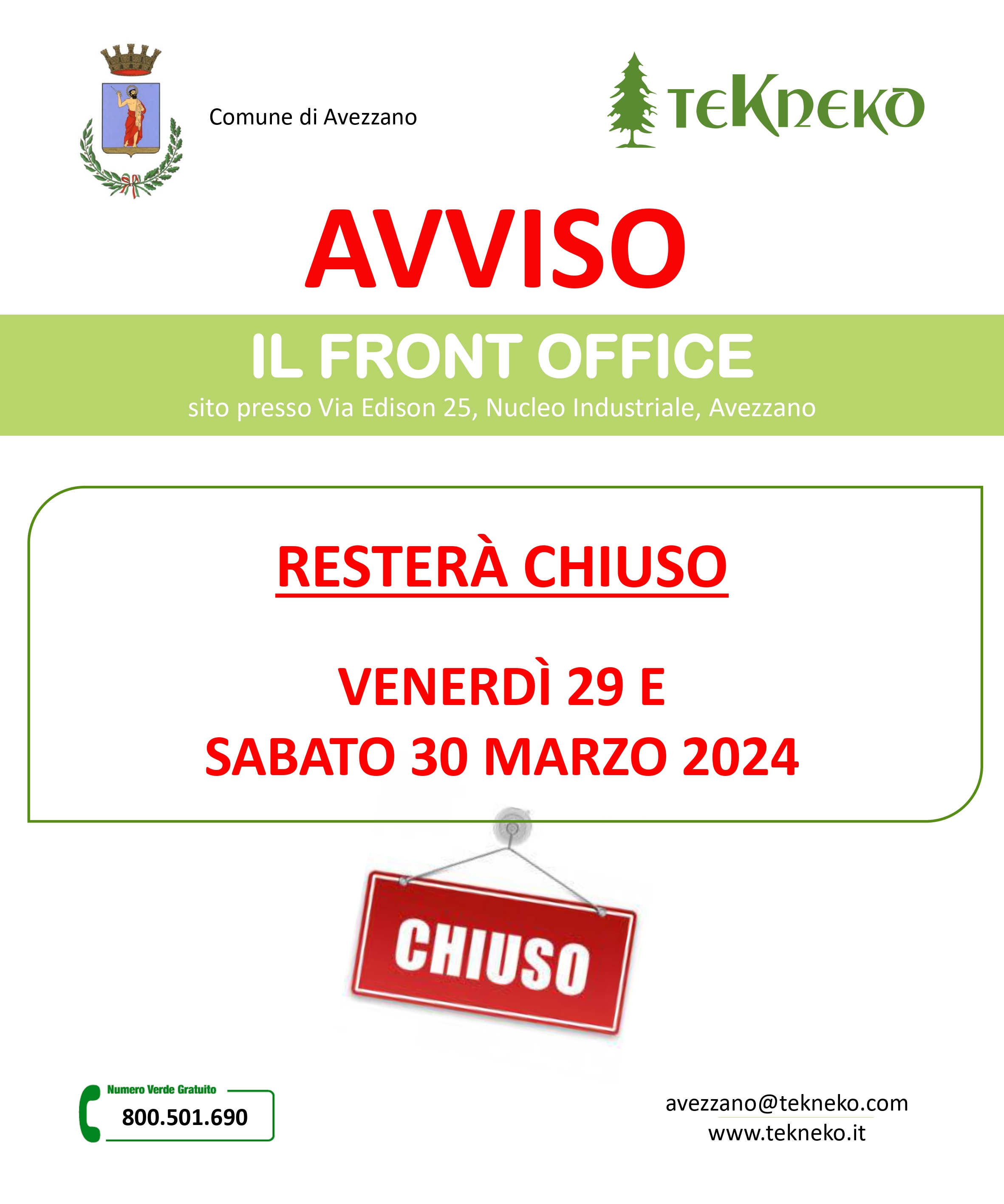 Chiusura Front Office Pasqua 2024
