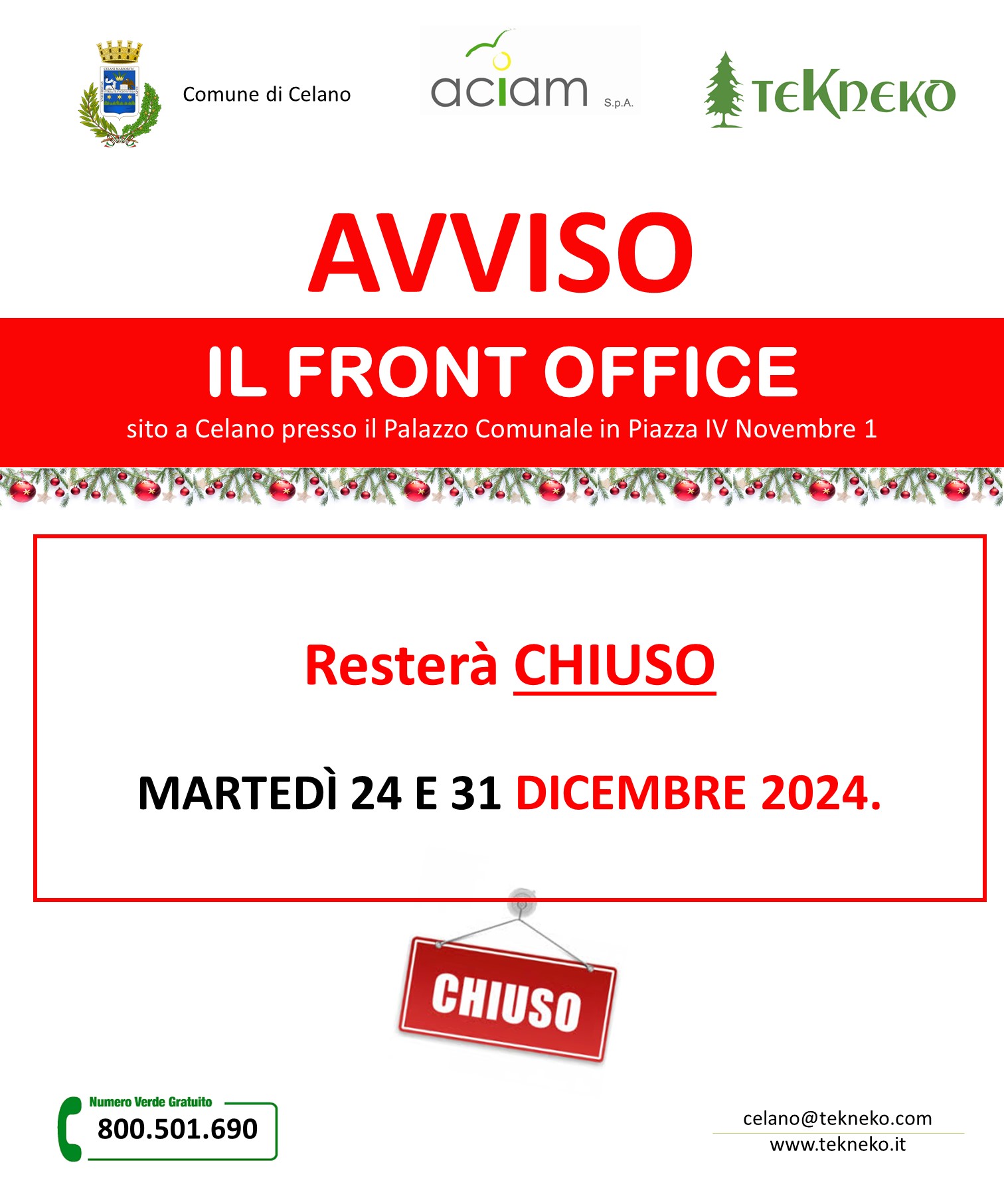 Chiusura Front Office festività natalizie