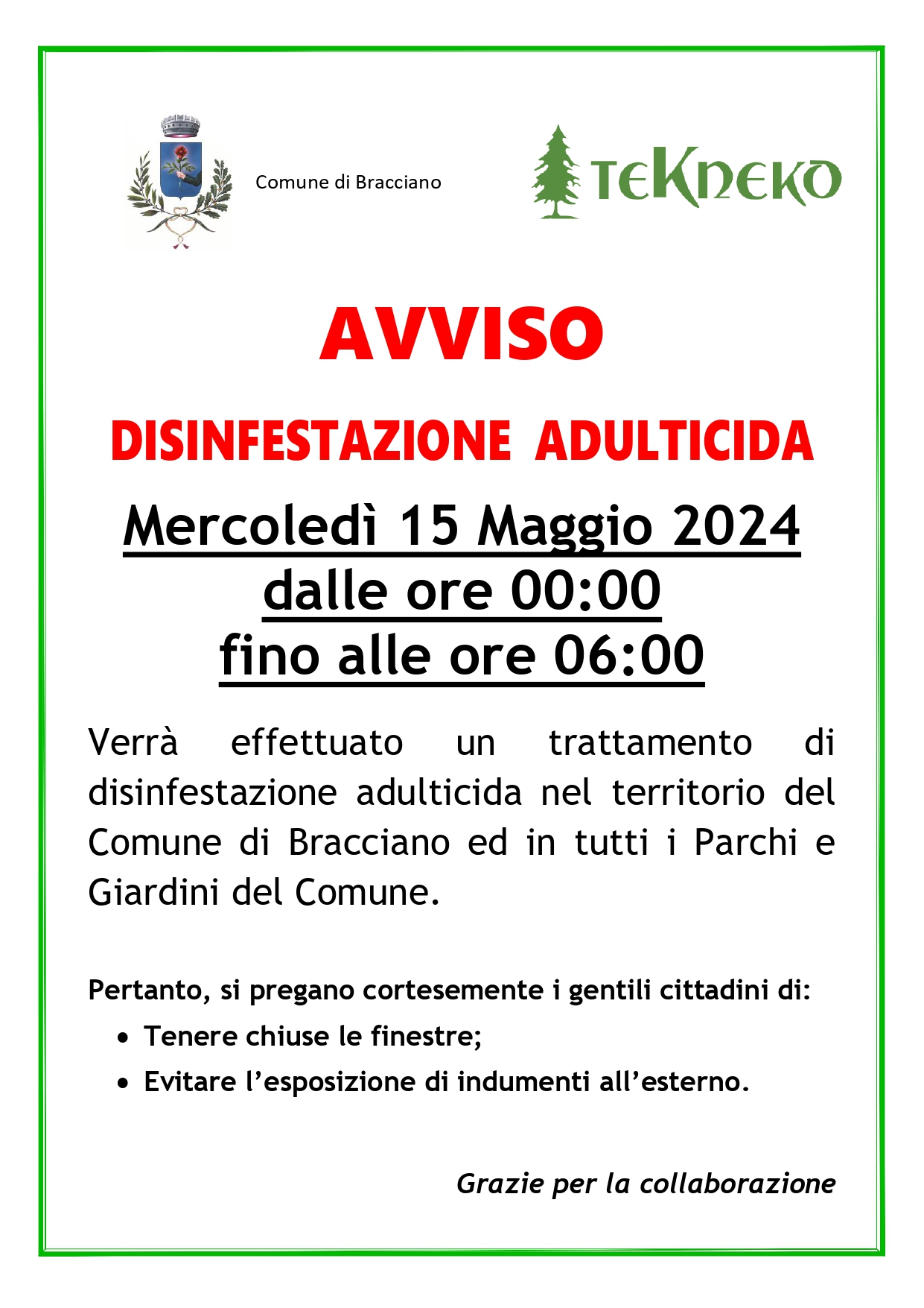 Disinfestazione Adulticida 15 Maggio 2024