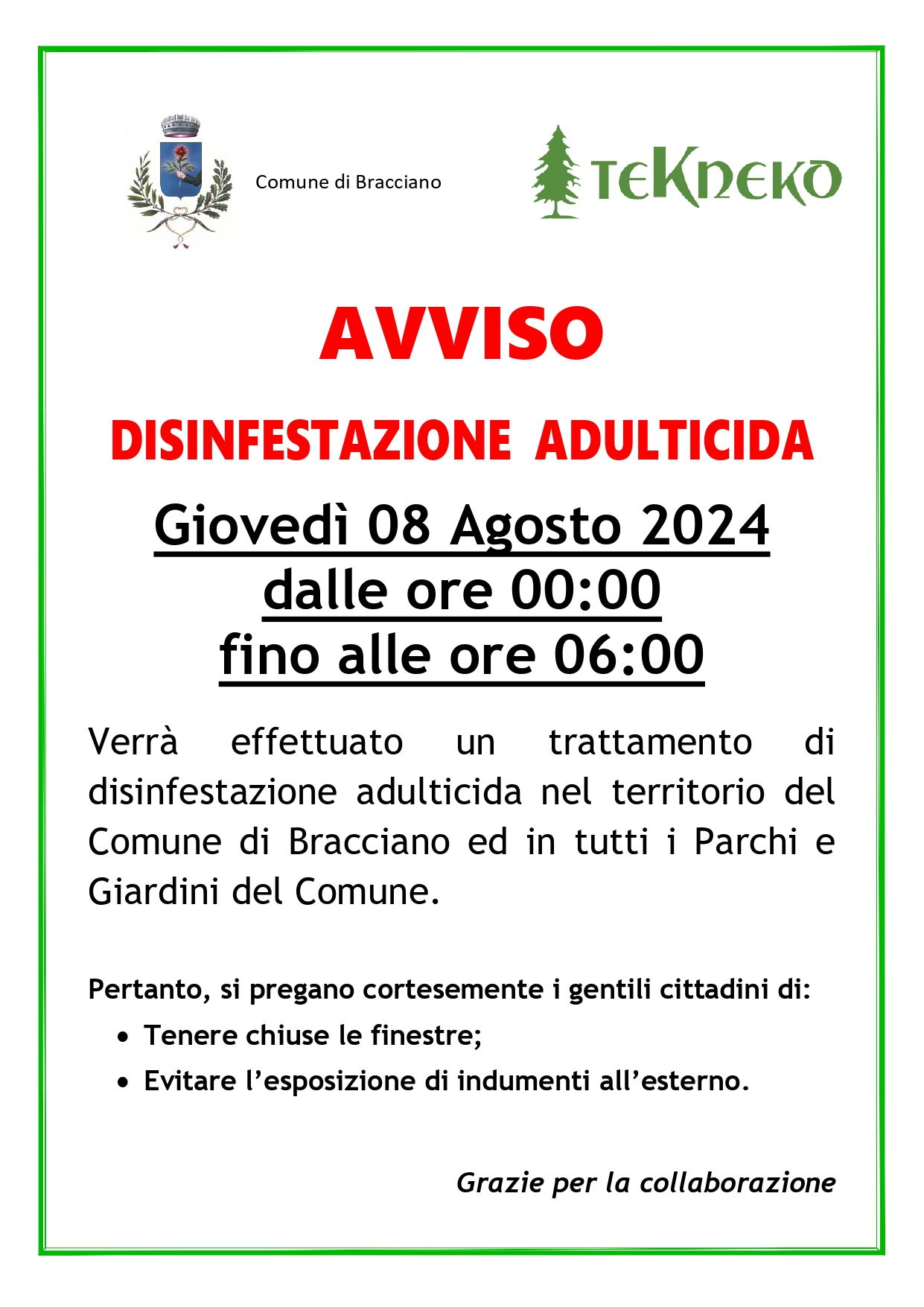 DISINFESTAZIONE ADULTICIDA BRACCIANO 08 AGOSTO 2024