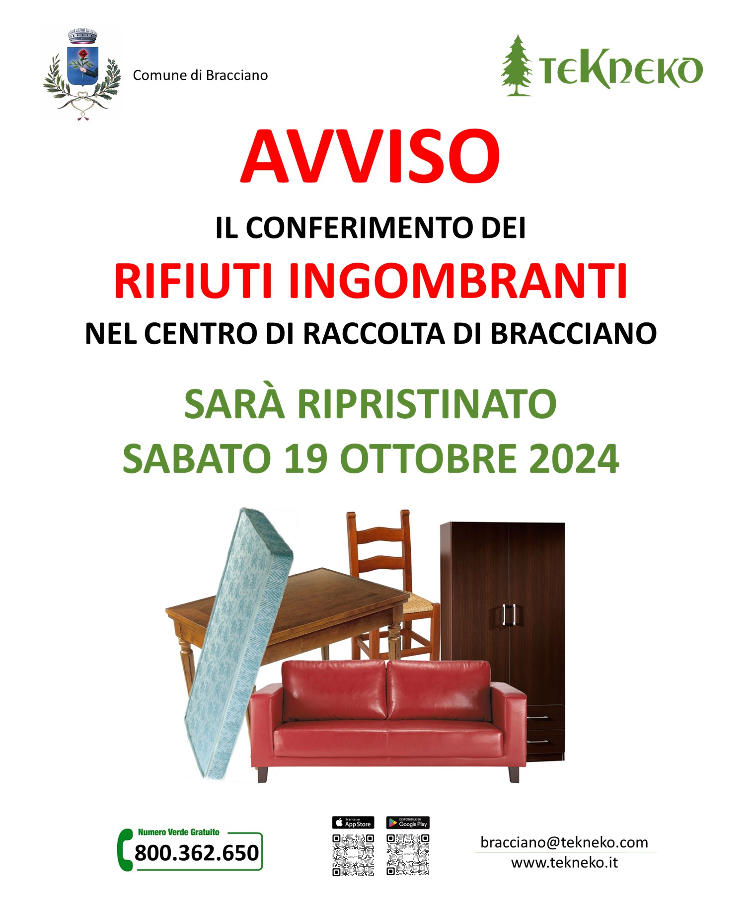 Ripristino Raccolta Ingombranti presso il CDR da Sabato 19 Ottobre 2024