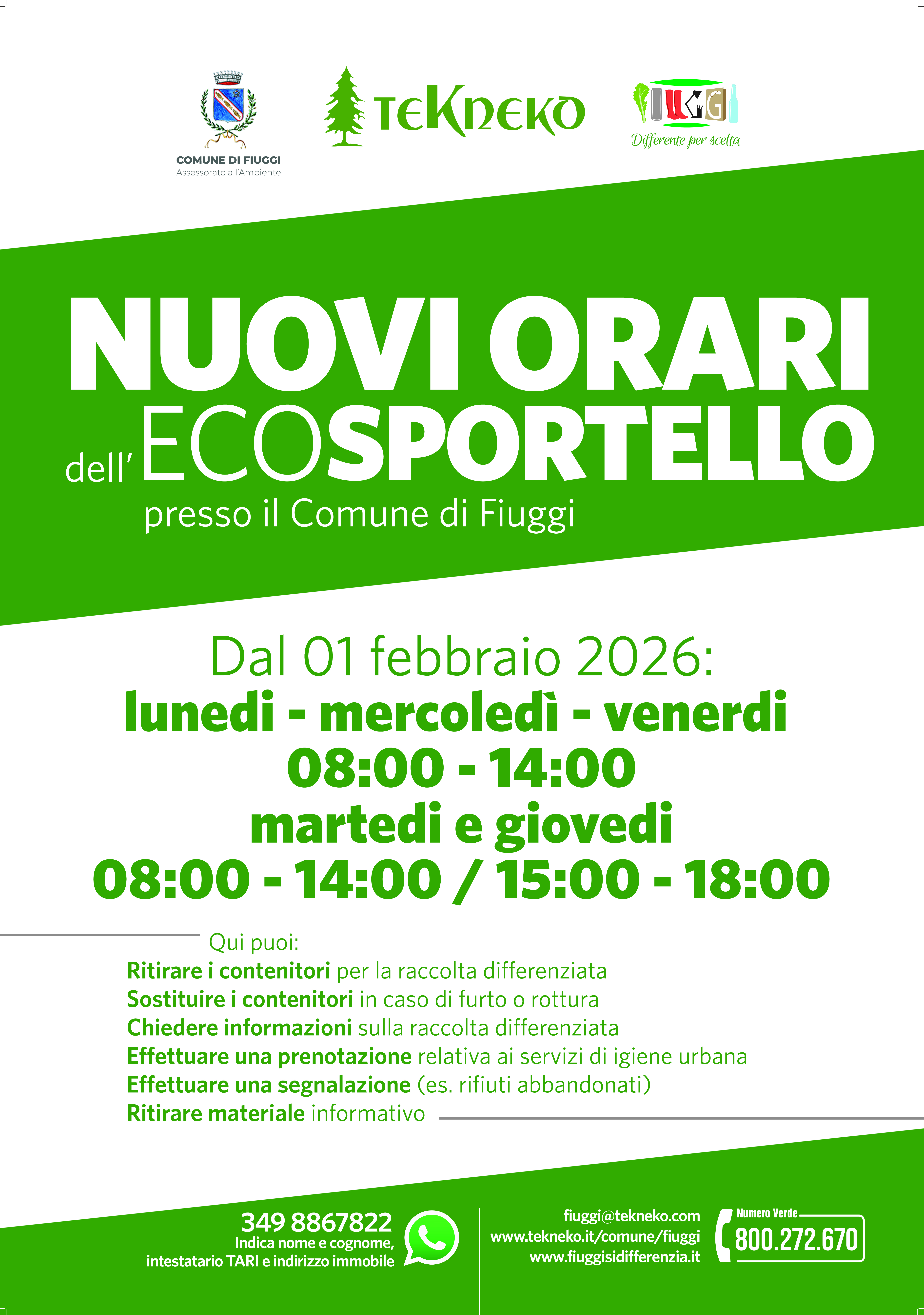 Nuovi orari Ecosportello Fiuggi dal 01 febbraio 2026