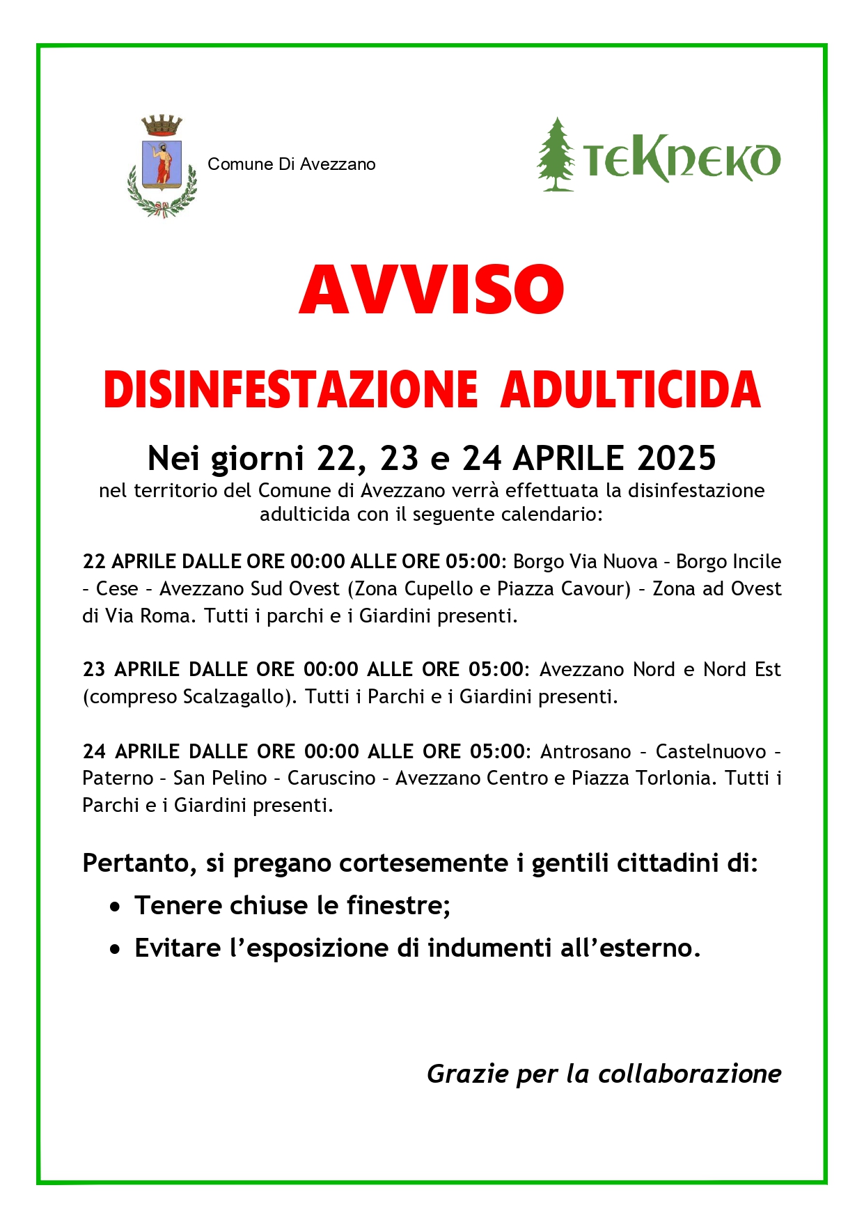 Disinfestazione 22; 23 e 24 Aprile 2025