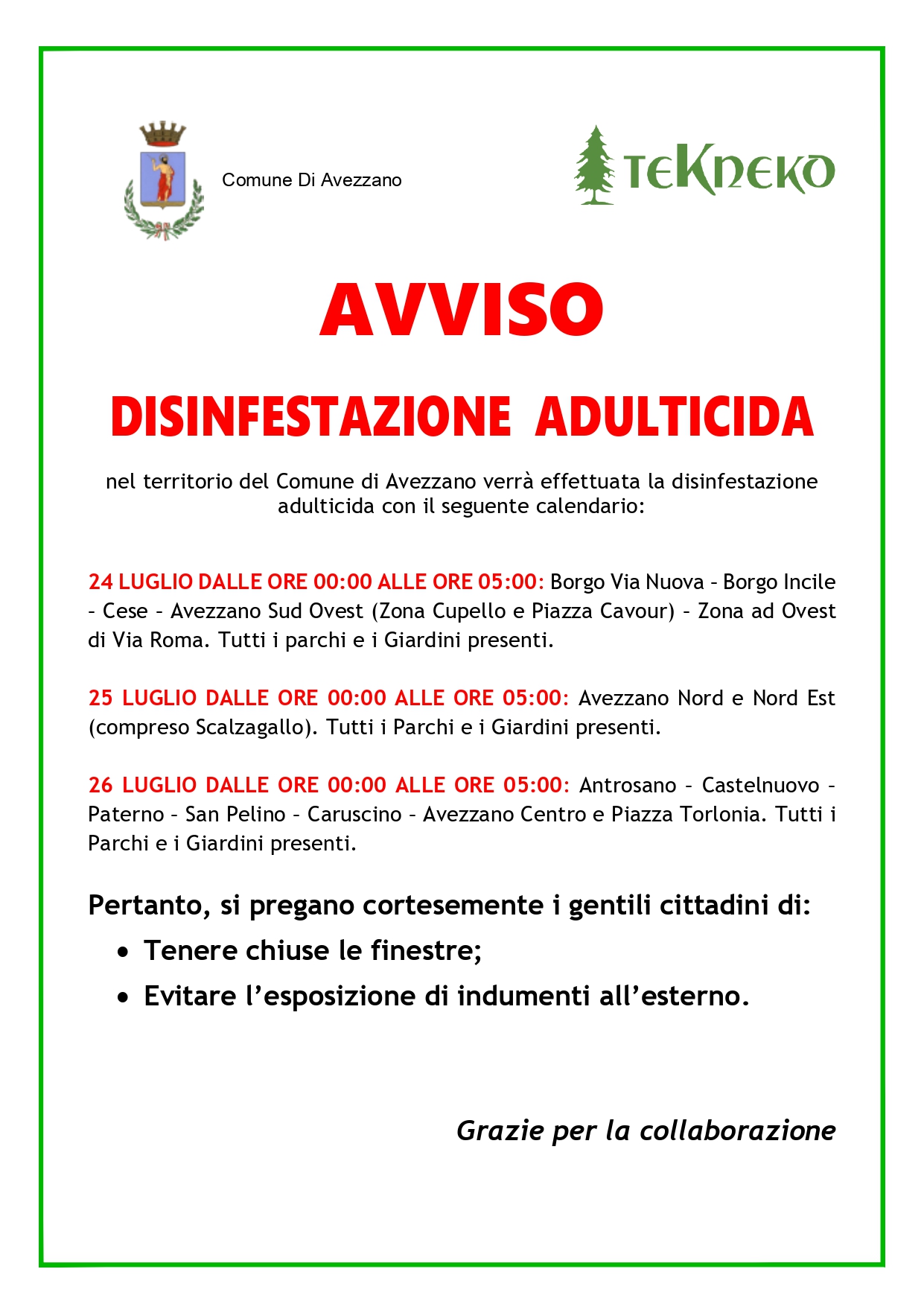 Disinfestazione Adulticida 24, 25 e 26 Luglio 2024