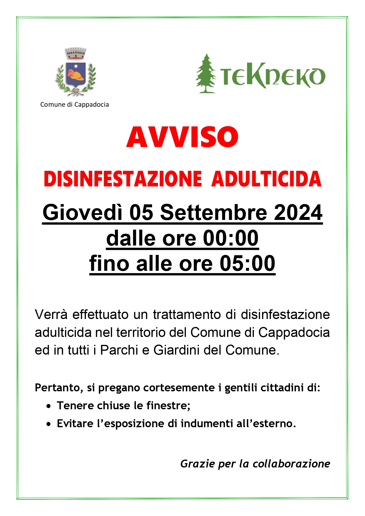 Disinfestazione Cappadocia 05 settembre