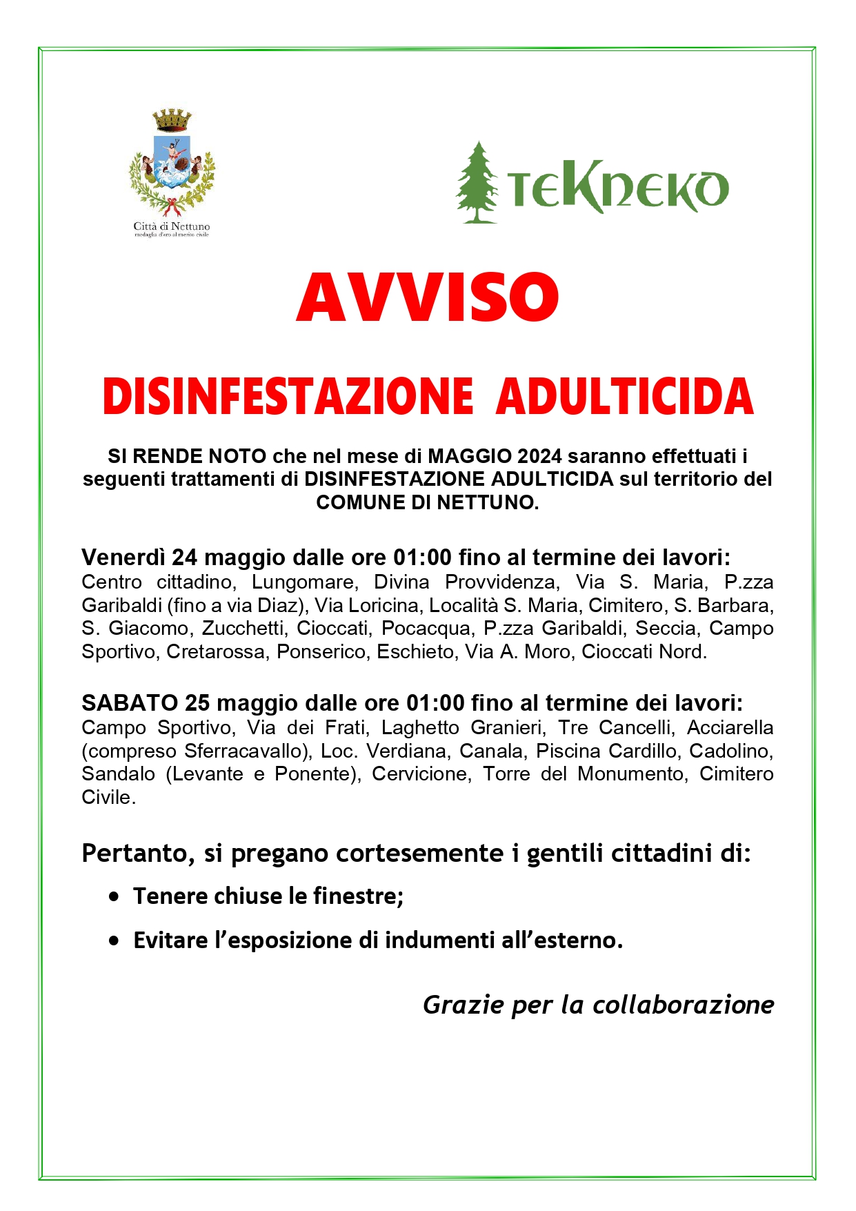 Disinfestazione Adulticida MAGGIO 2024