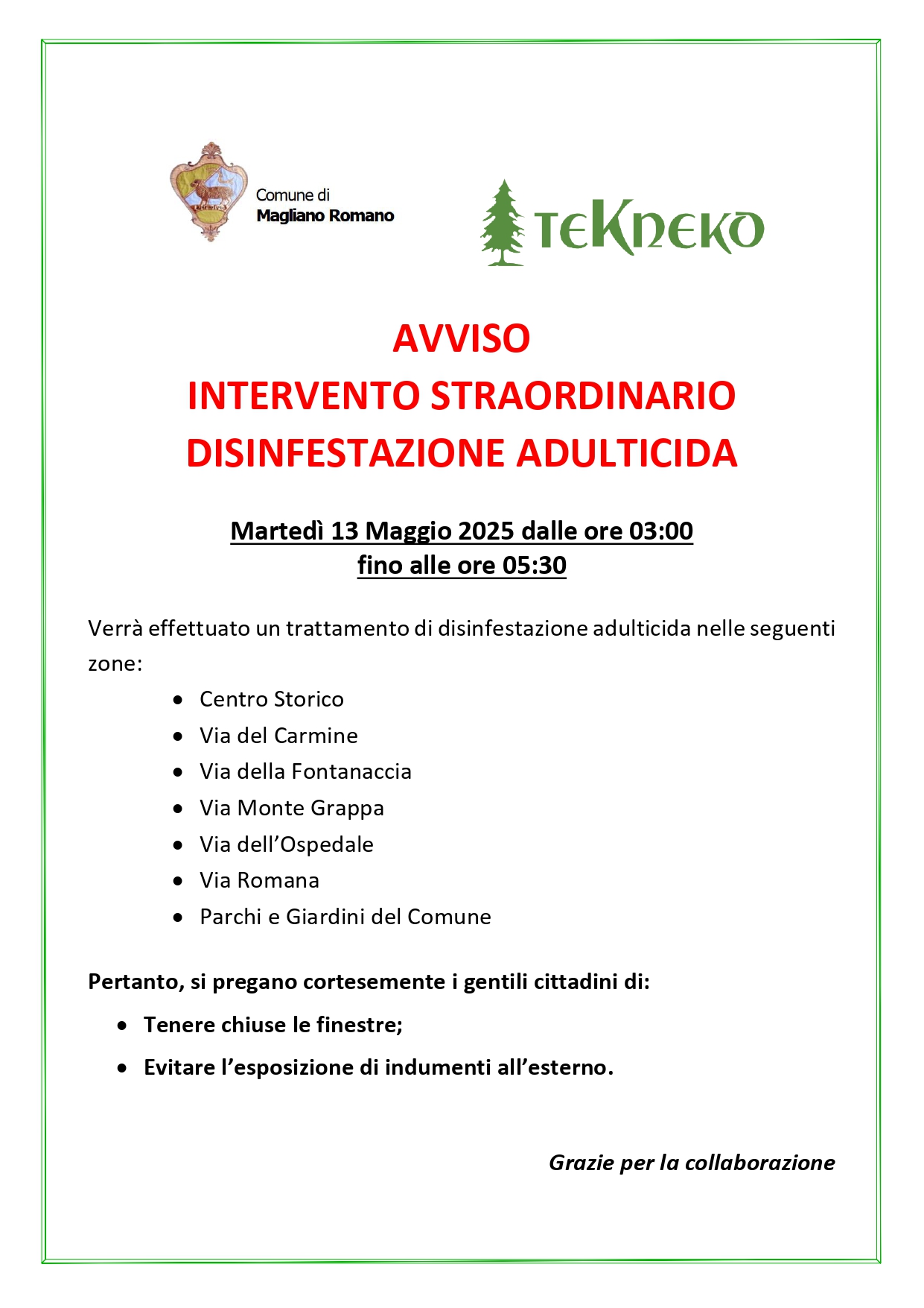 Intervento straordinario disinfestazione adulticida 13.05.25