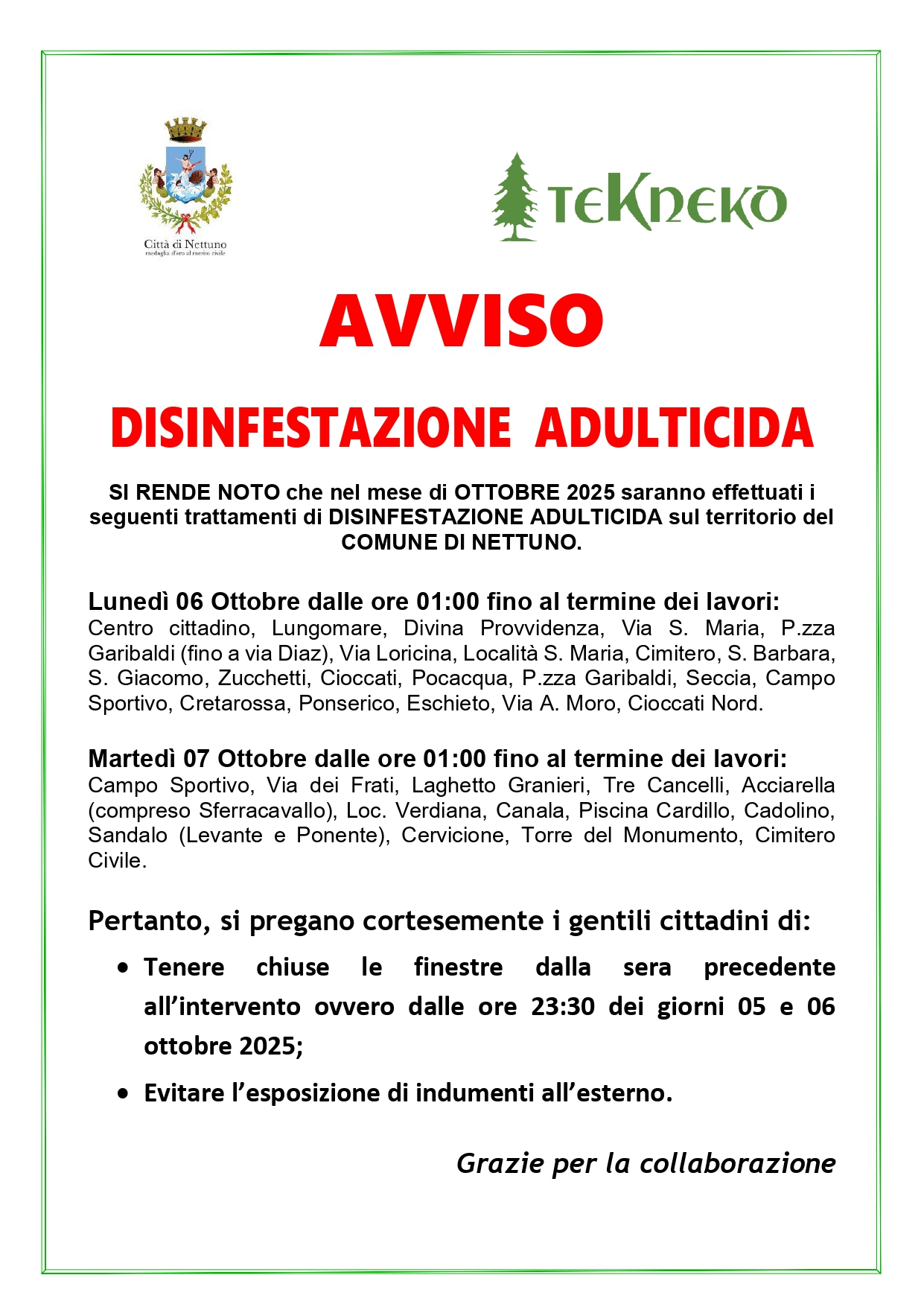 DISINFESTAZIONE NETTUNO 06 E 07 OTTOBRE 2025