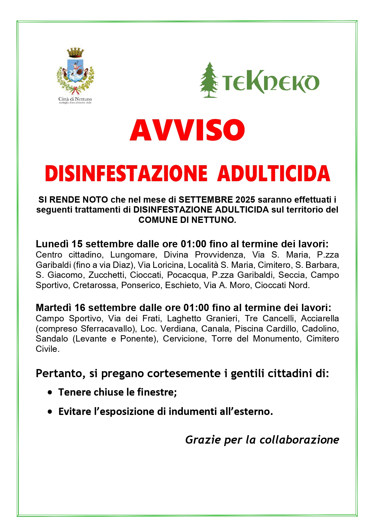 Disinfestazione Nettuno 15 e 16 settembre 2025