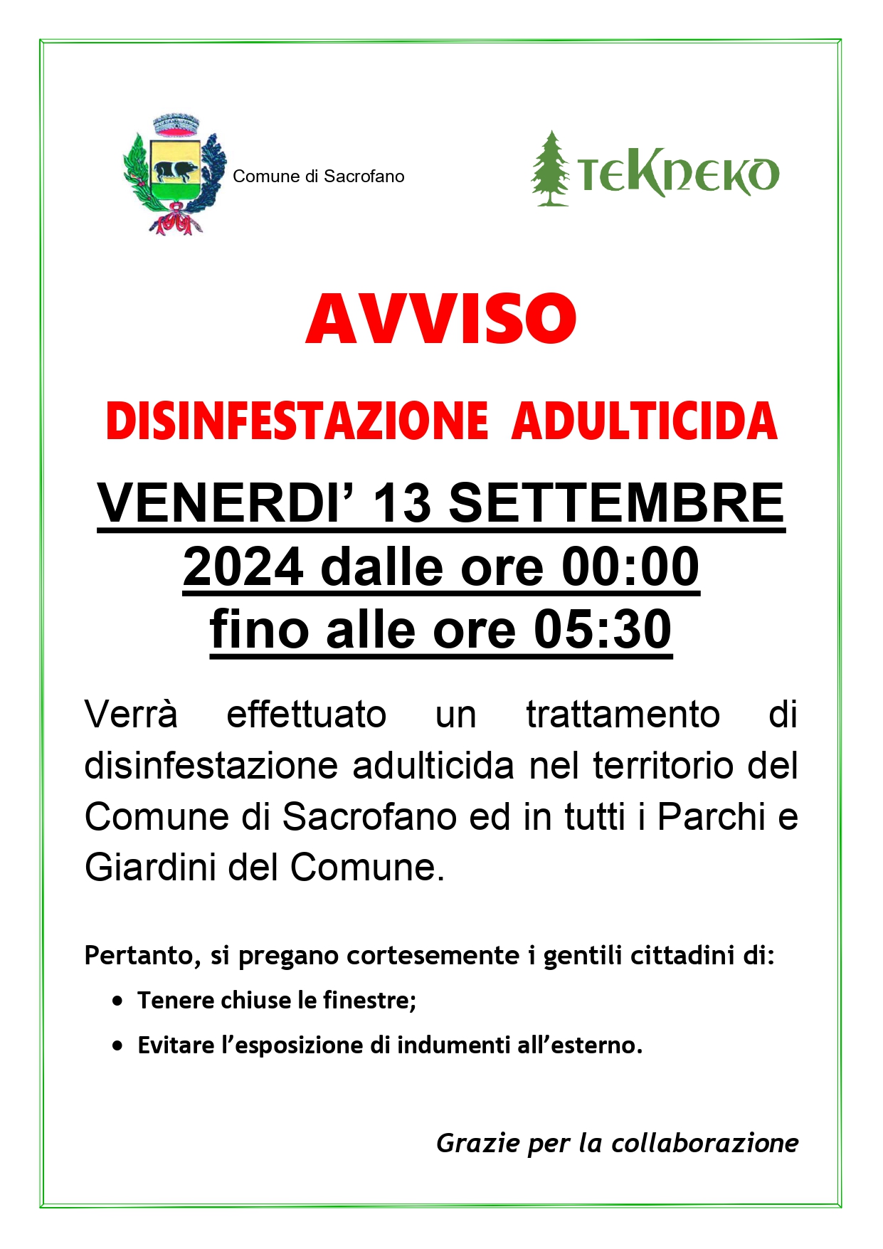 Disinfestazione Adulticida Sacrofano 13 Settembre 2024