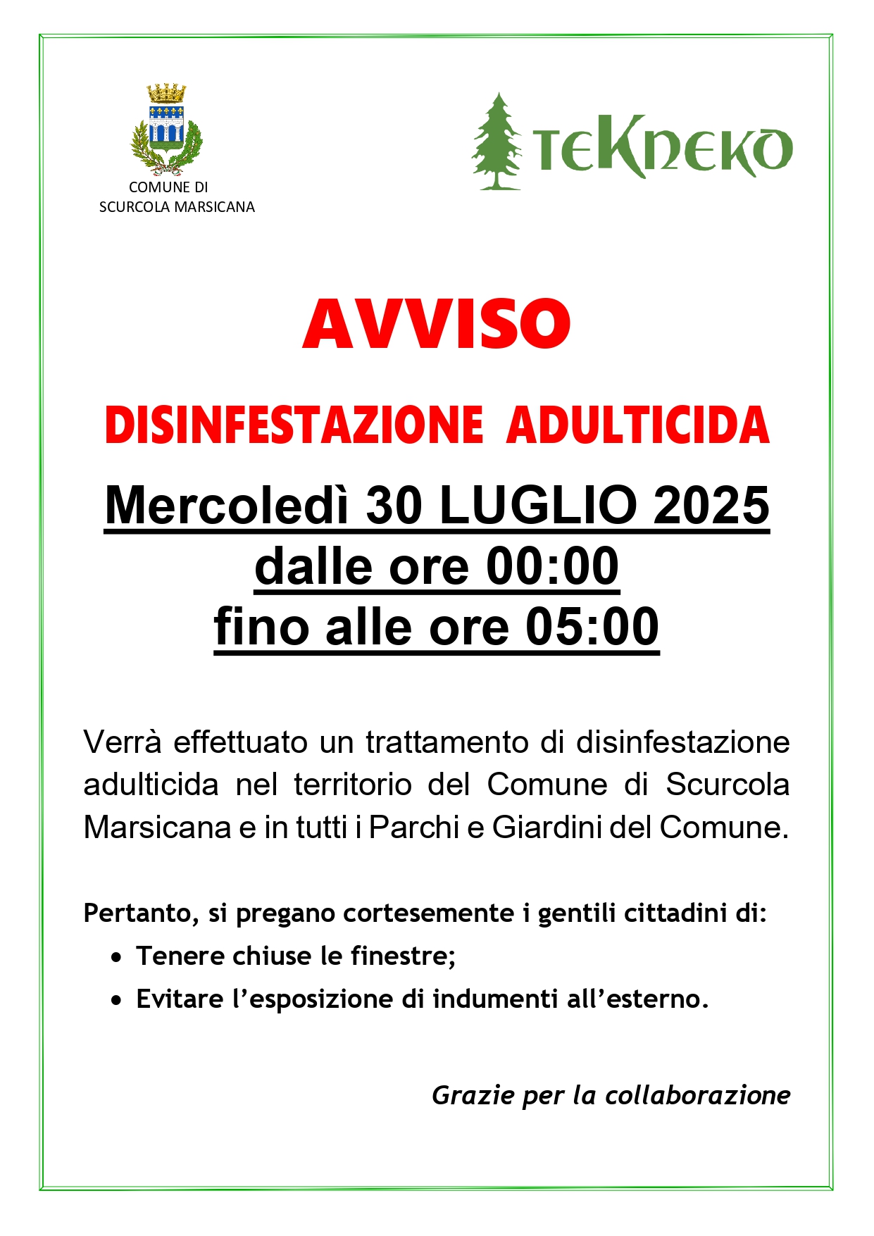Disinfestazione adulticida Scurcola Marsicana 30 luglio 2025