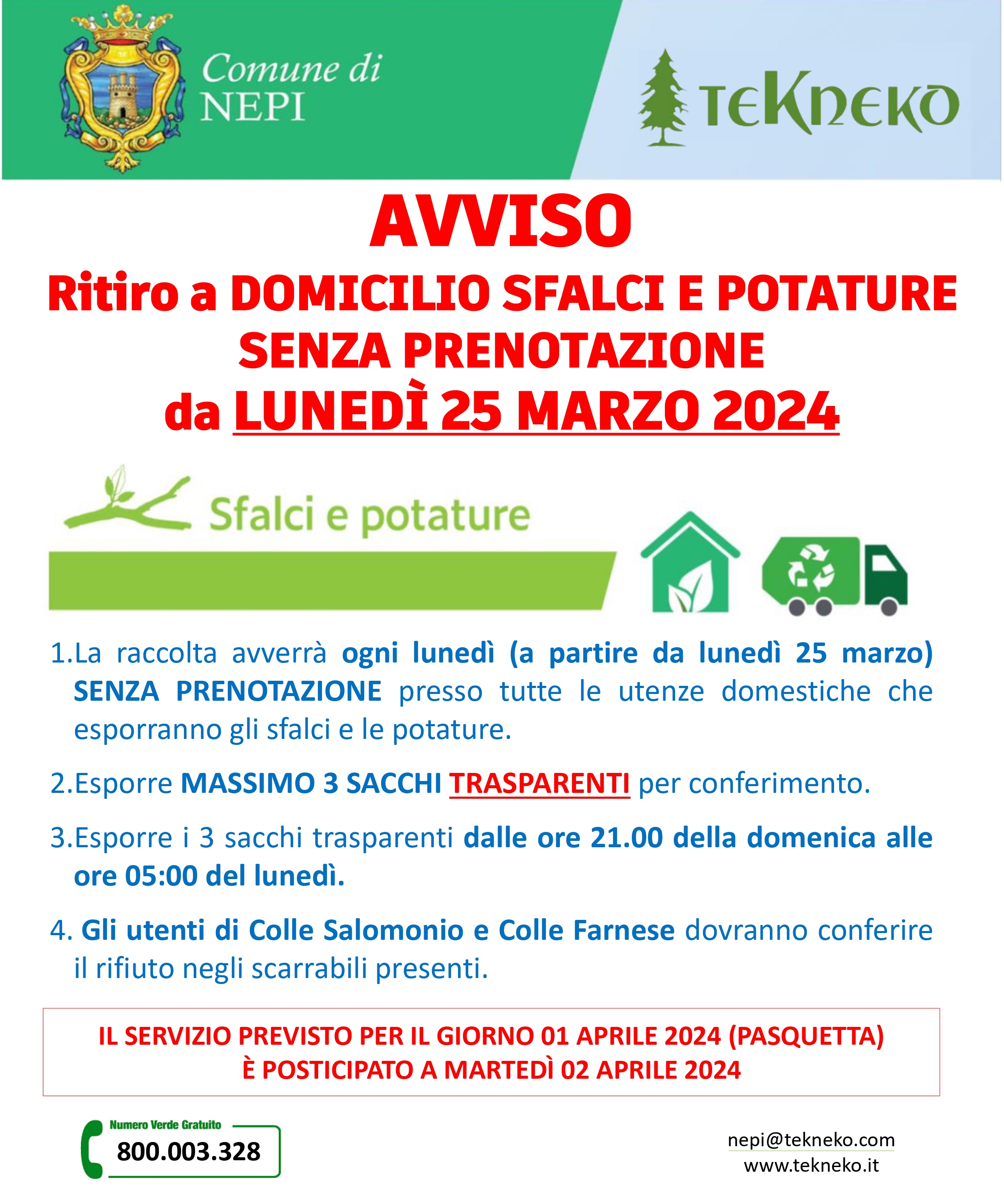 Ritiro sfalci e potature a domicilio da lunedì 25 marzo 2024