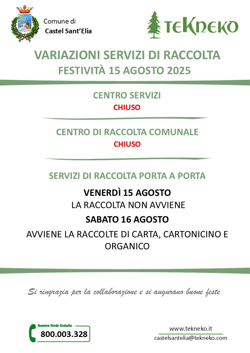 Chiusure e variazioni servizi festività di Ferragosto Castel Sant'Elia