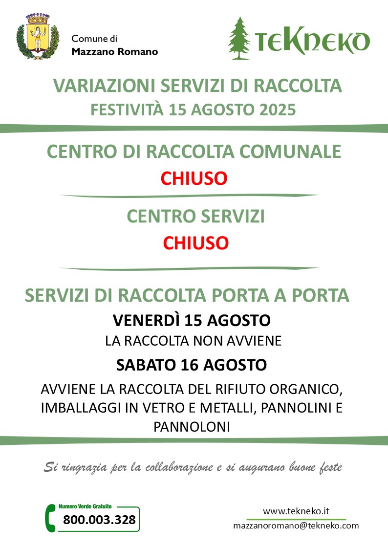 Chiusure e variazioni servizi festività di Ferragosto Mazzano Romano