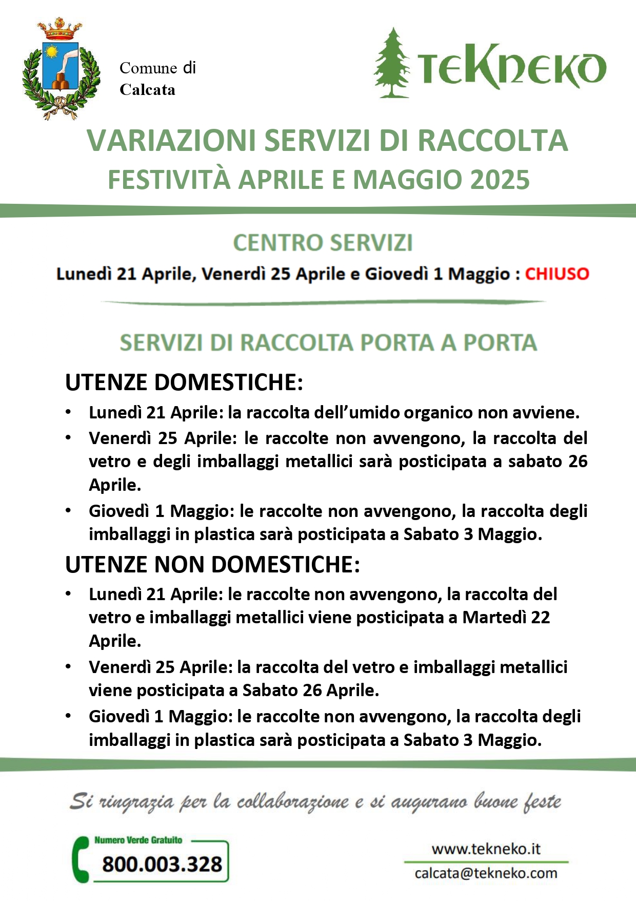 Servizi festività - Aprile e Maggio 2025