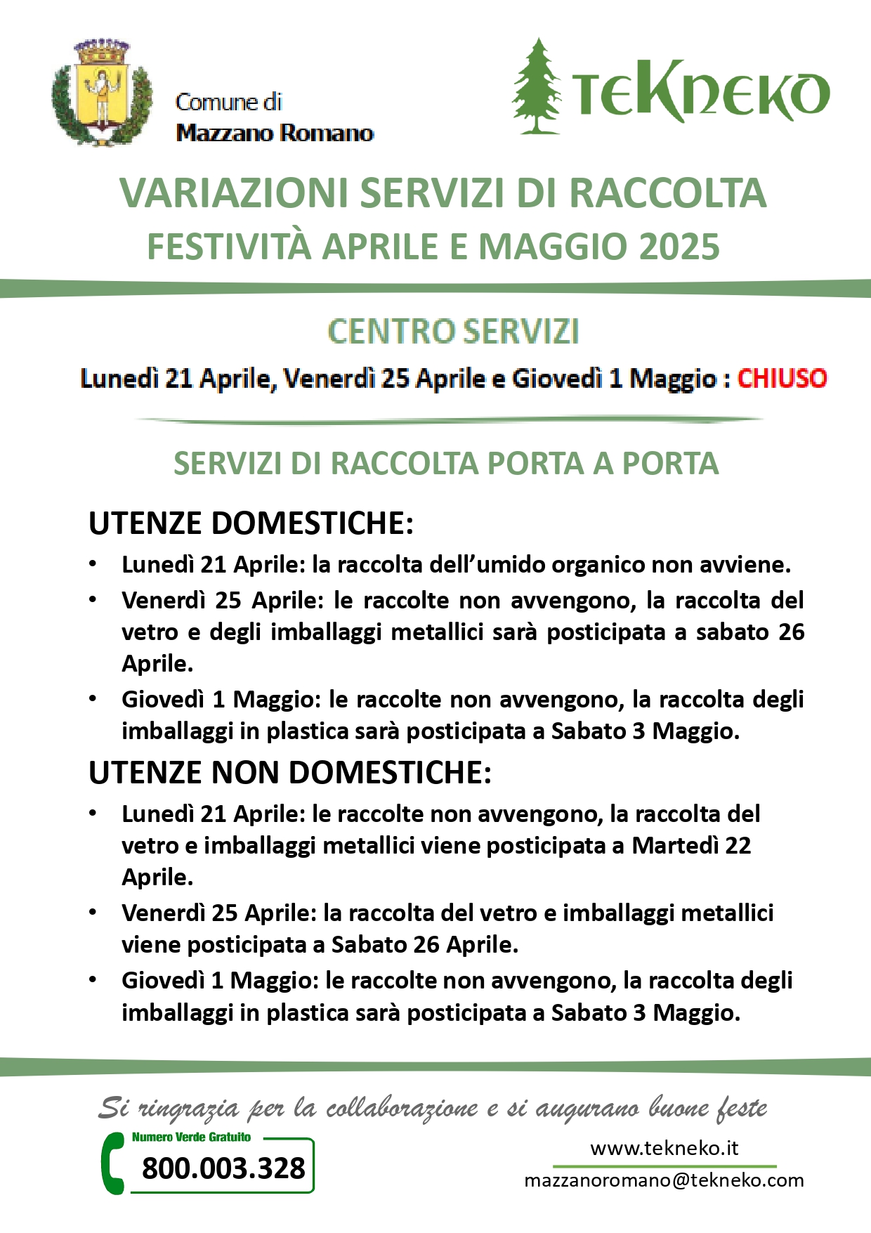 Servizi festività - Aprile e Maggio 2025