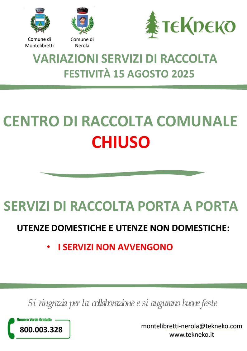 Chiusure e variazioni servizi festività di Ferragosto Nerola
