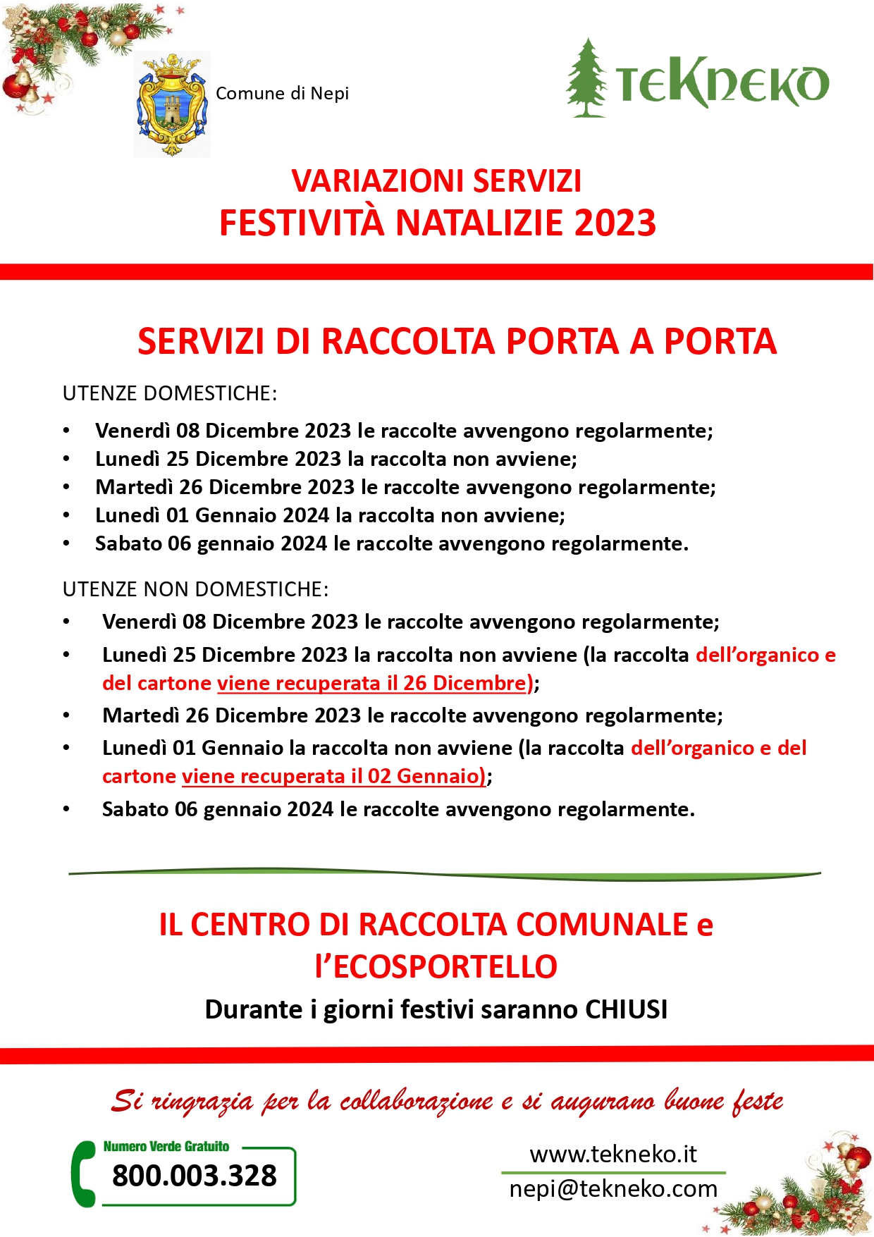 Variazioni servizi festività natalizie