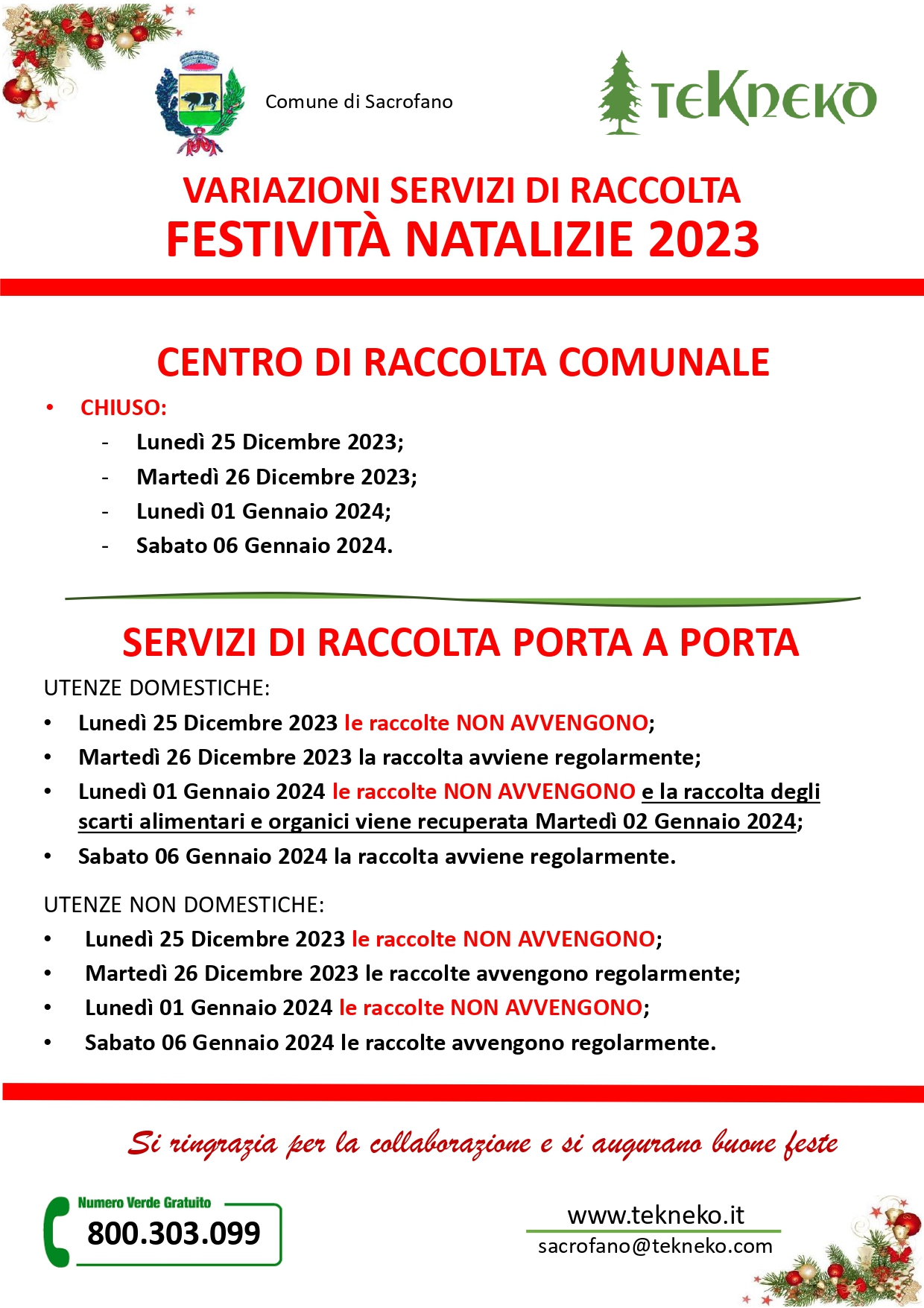 Variazioni servizi festività natalizie