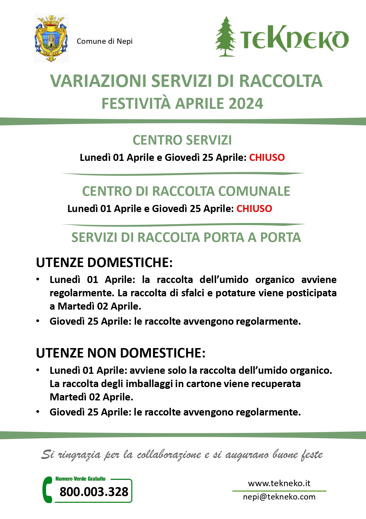 Variazioni servizi festività Aprile 2024