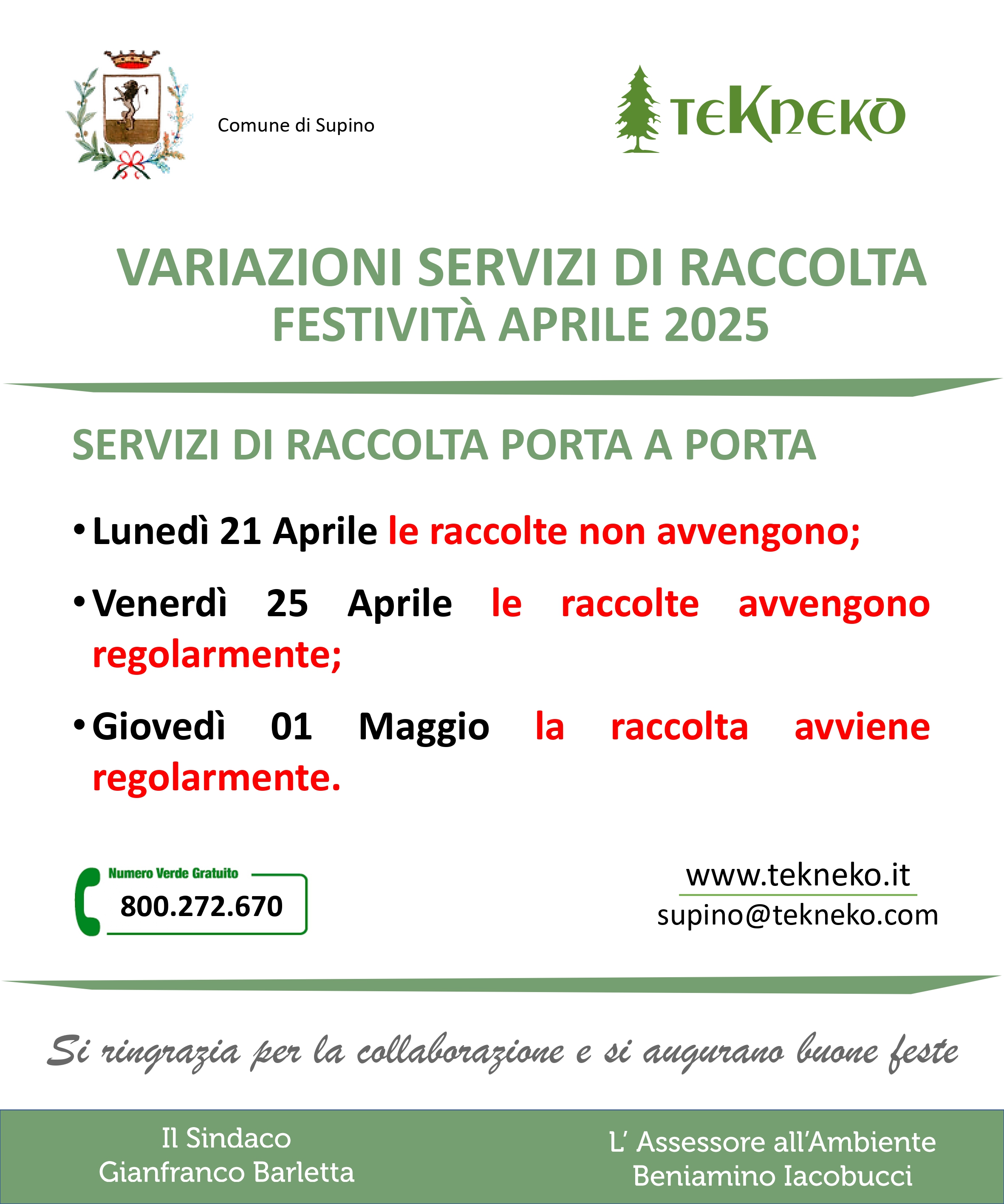 Servizi festività - Aprile e Maggio 2025