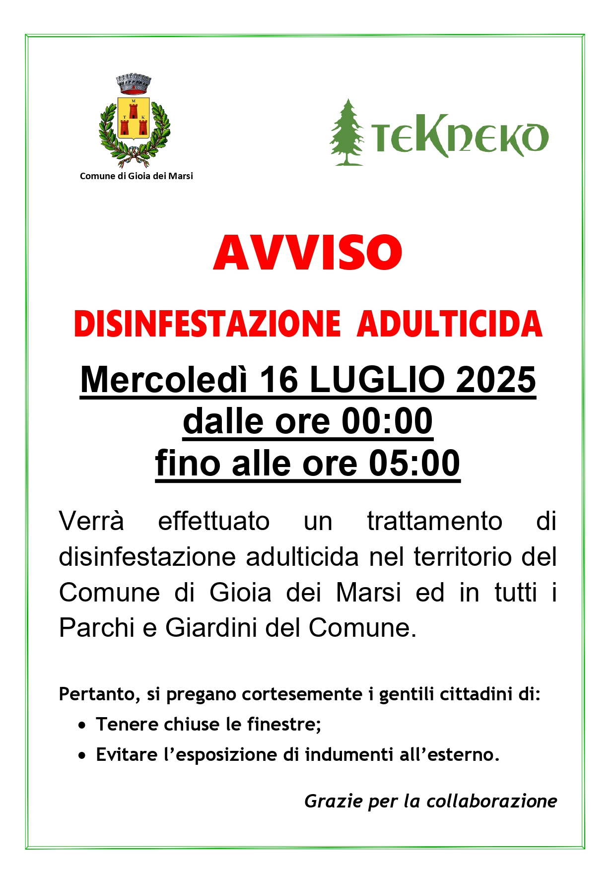 Disinfestazione Gioia dei Marsi 16 luglio 2025
