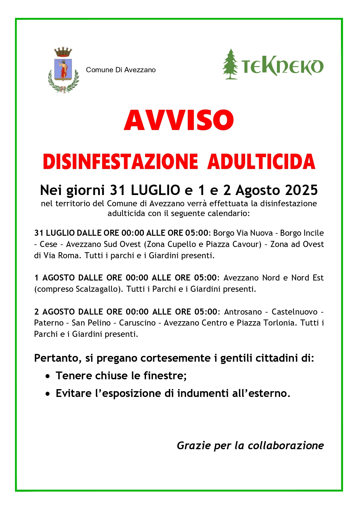 DISINFESTAZIONE AVEZZANO 31 LUGLIO - 01 E 02 AGOSTO 2025