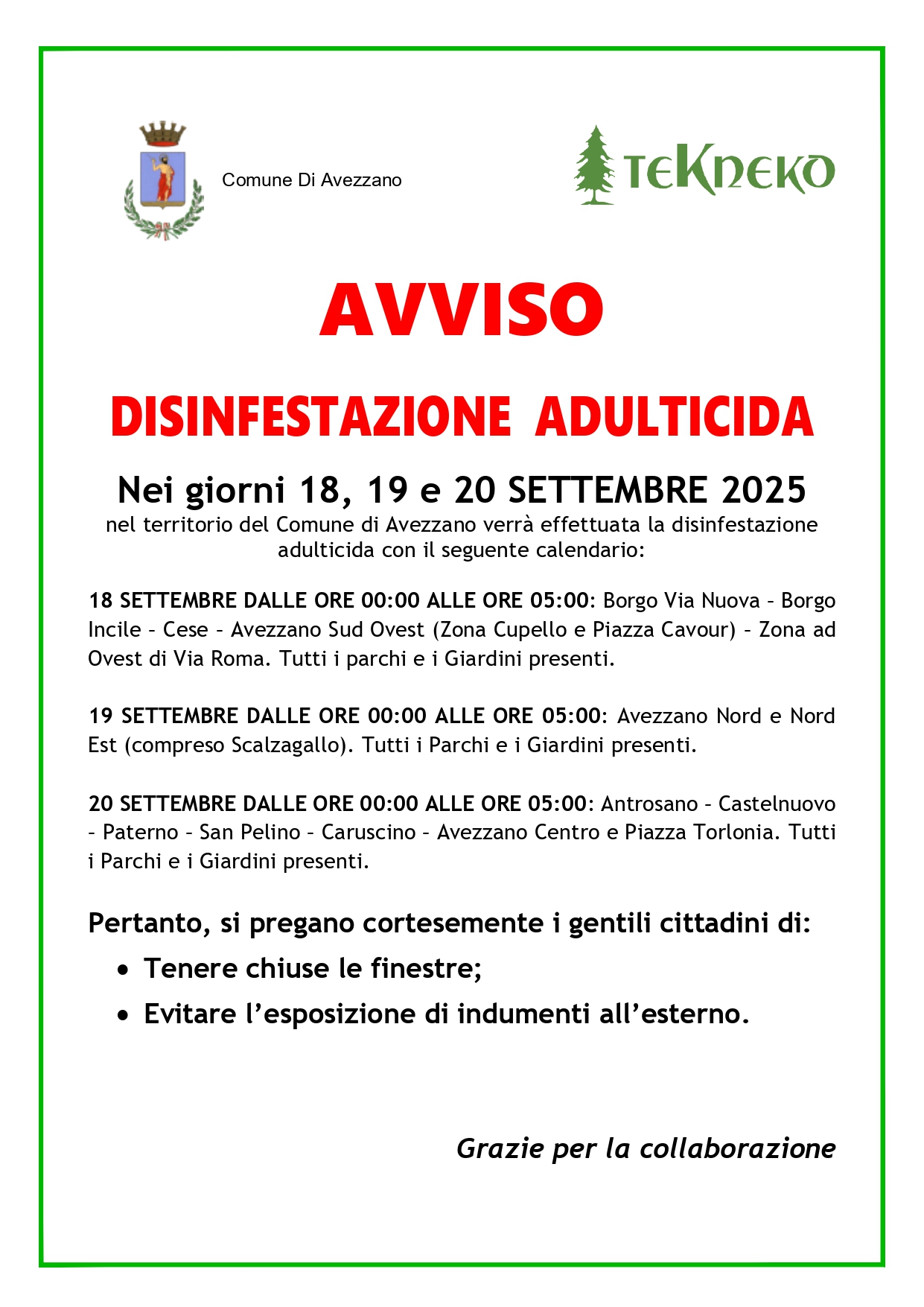 Duisinfestazione Avezzano 18, 19 e 20 Settembre 2025