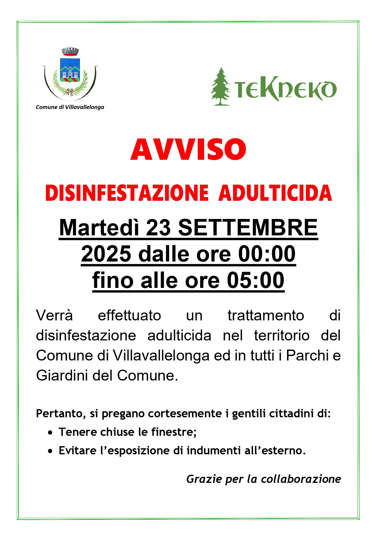 Disinfestazione Villavallelonga 23 settembre 2025