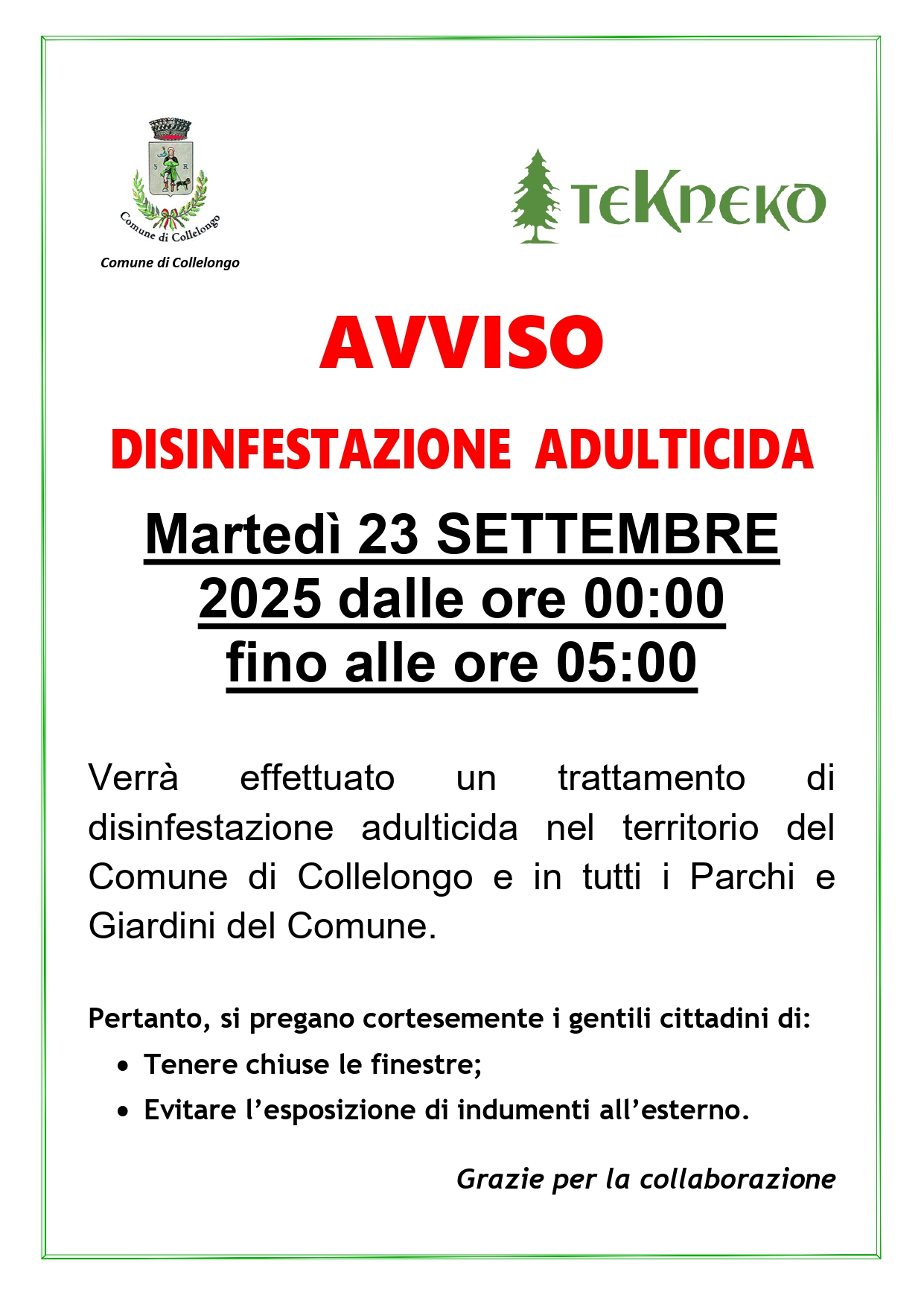 Disinfestazione Collelongo 23 settembre 2025