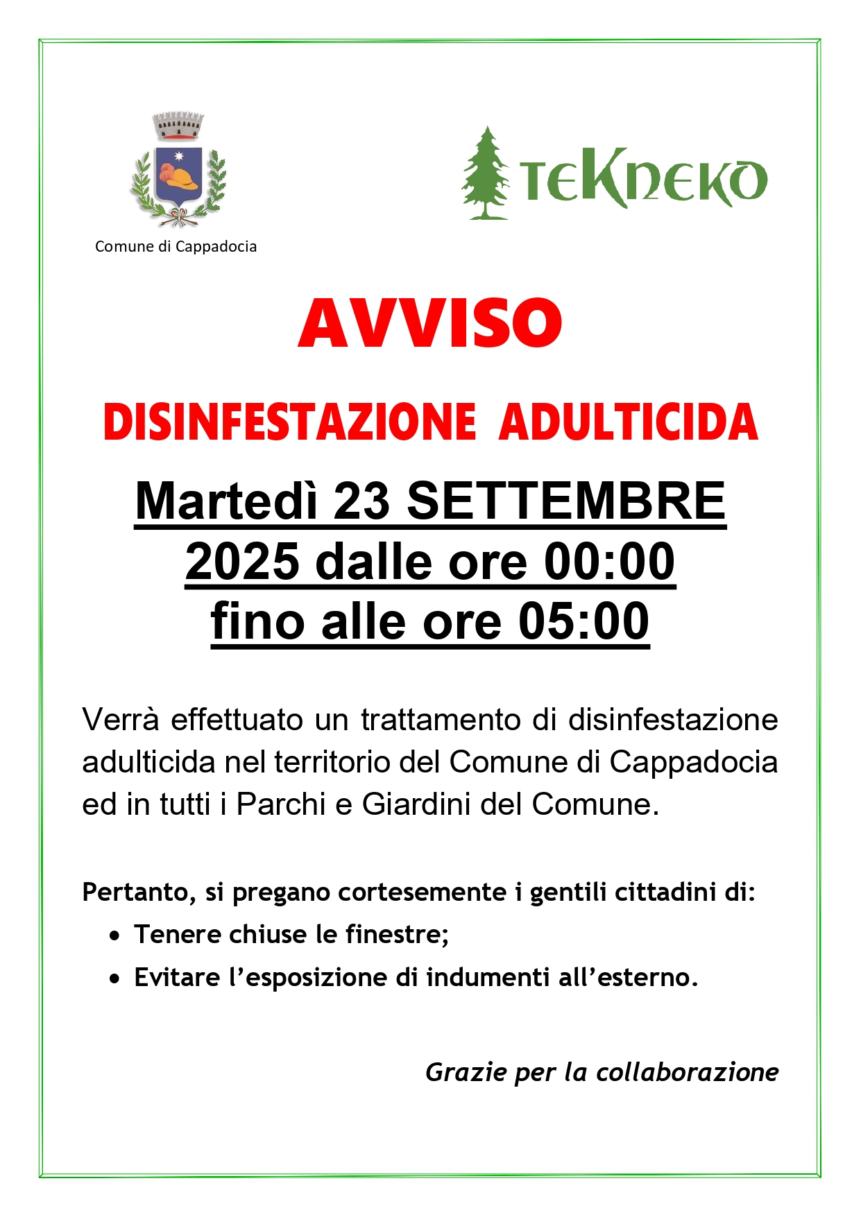 Disinfestazione Cappadocia 23 settembre 2025